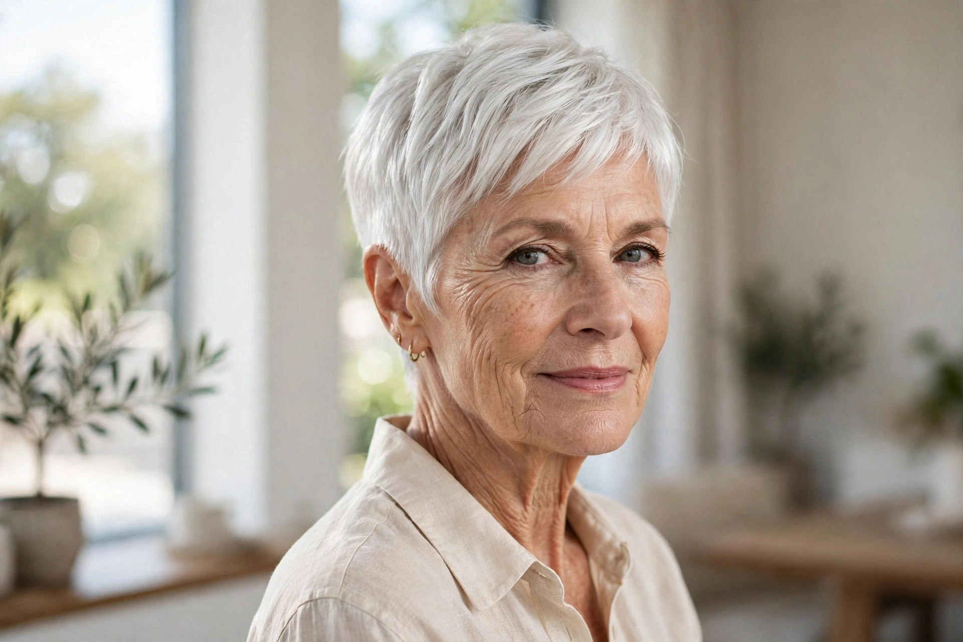 Feminine pixie cuts for women over 60 — luminous silver pixie hero image