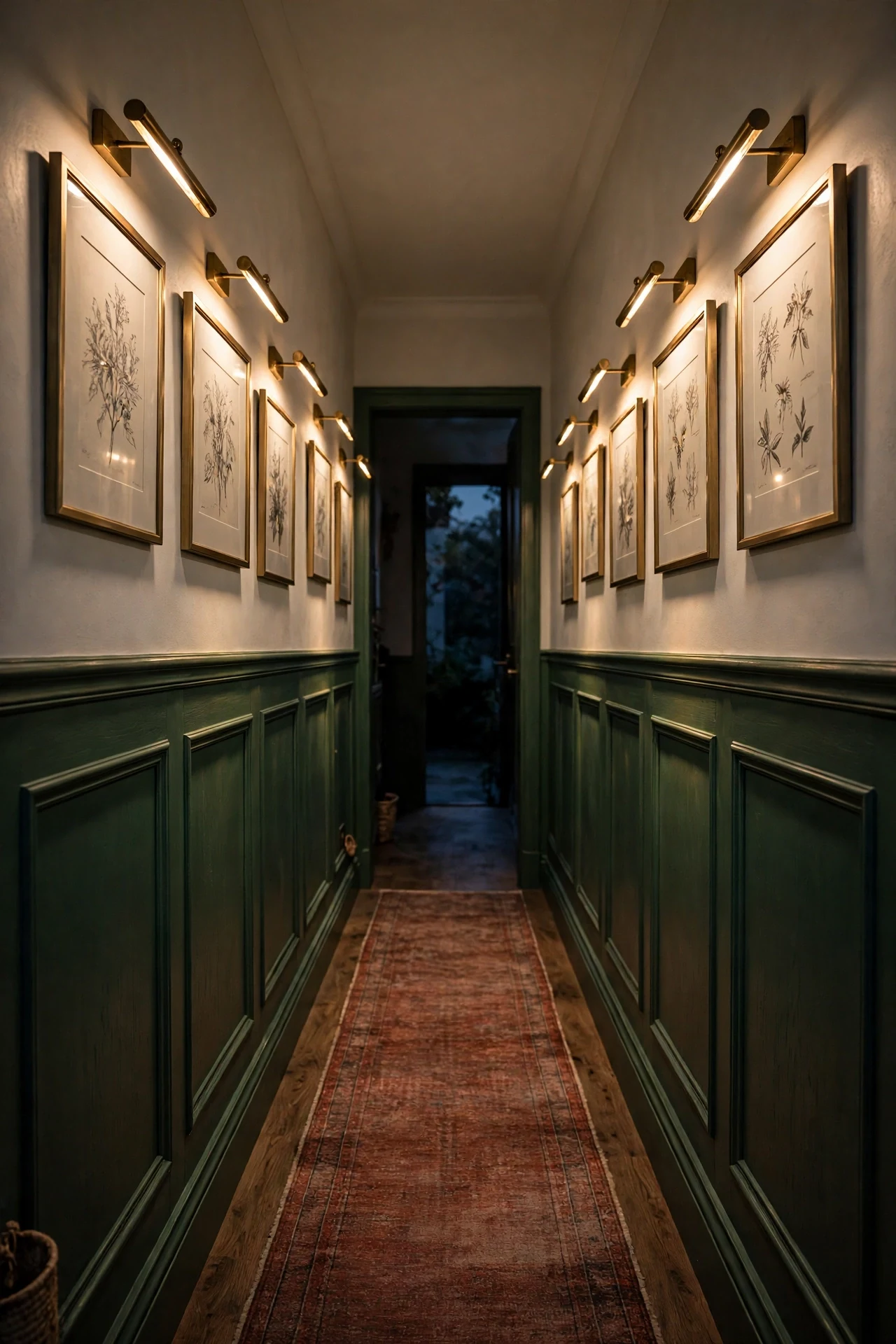 Brass Sconces Washing a Paneled Hallway