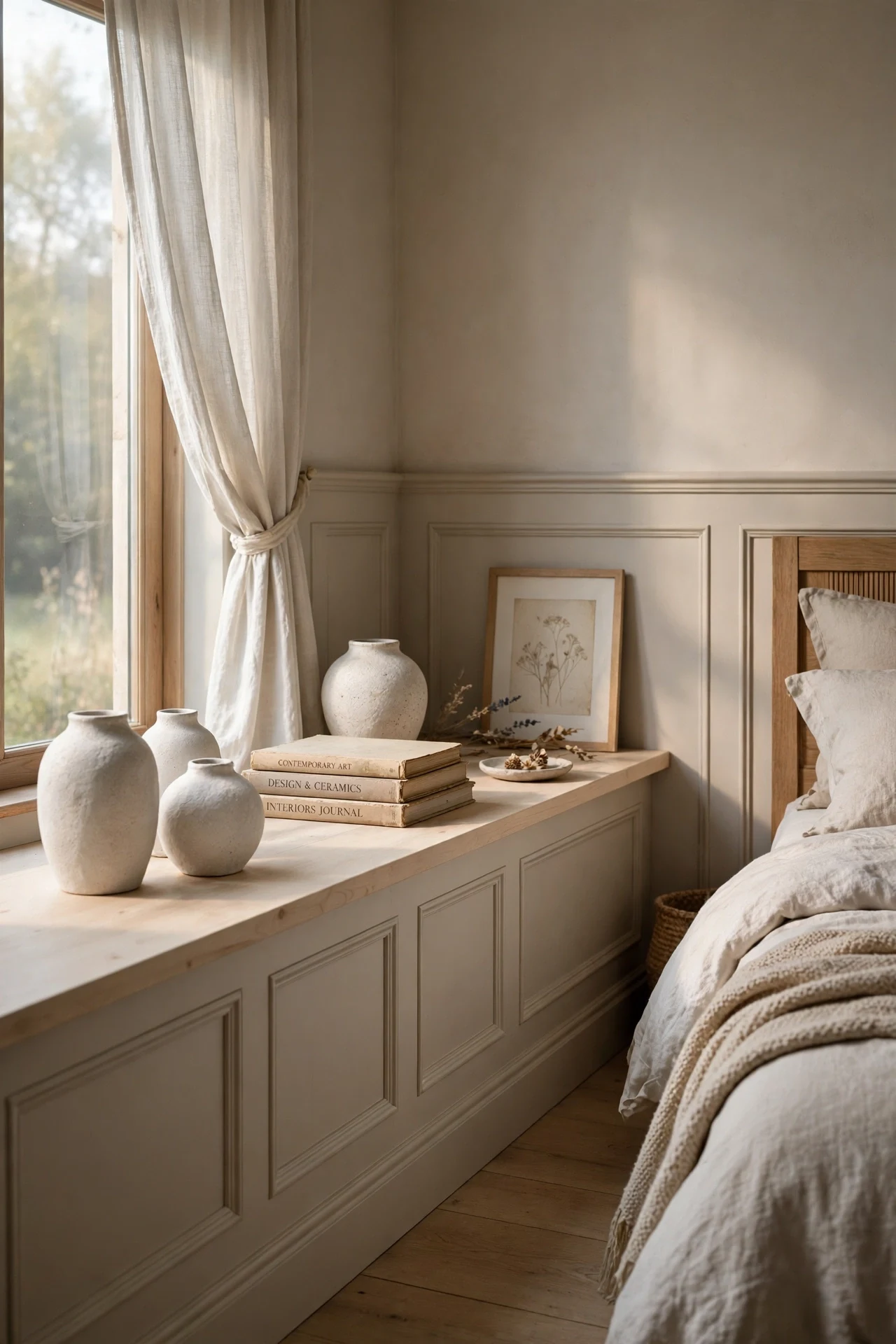 A Low Ledge Shelf Riding the Chair Rail in a Bedroom