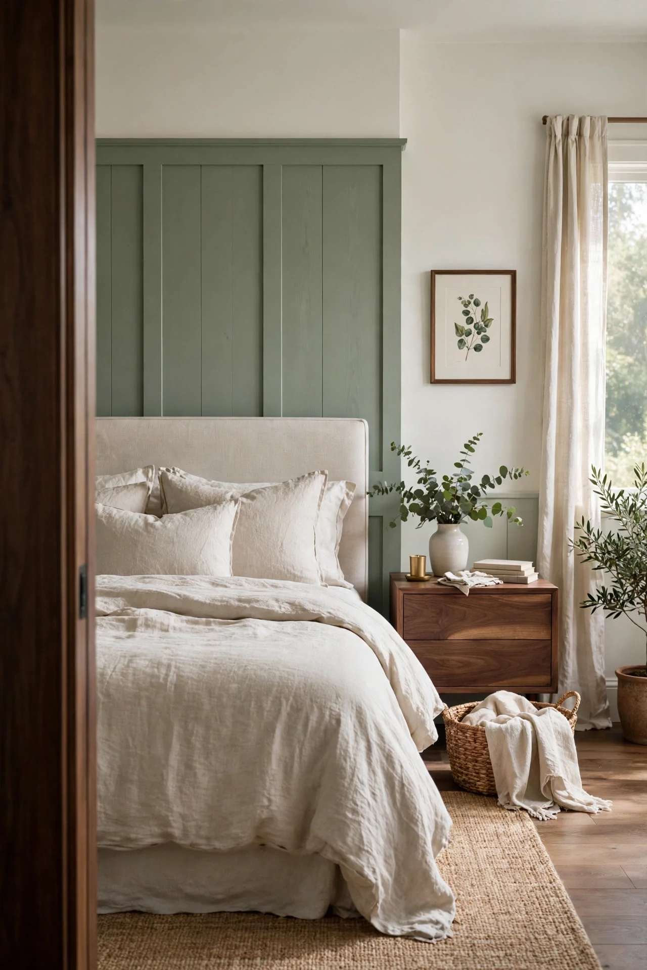Evergreen Fog Panels in a Restful Primary Bedroom