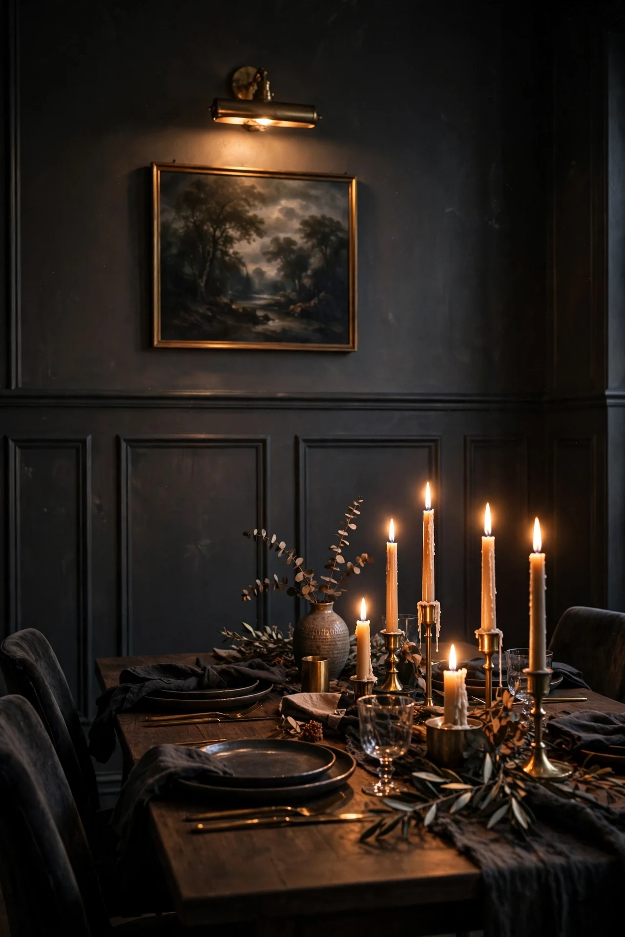 Candlelit Panels and a Picture Light in a Moody Dining Room