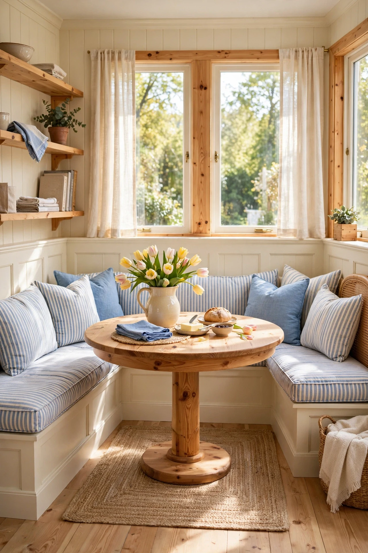 Banquette Seating Built Against Paneled Walls in a Breakfast Nook