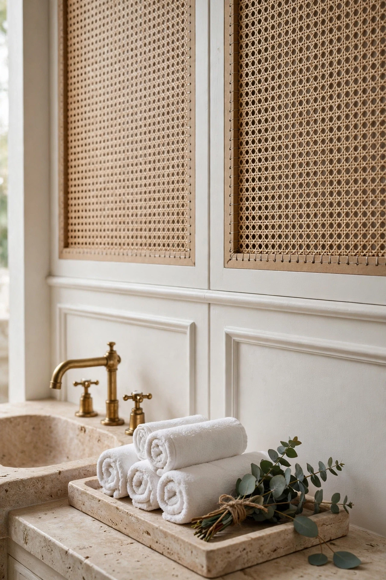 Woven Cane Webbing Set Into Bathroom Panels