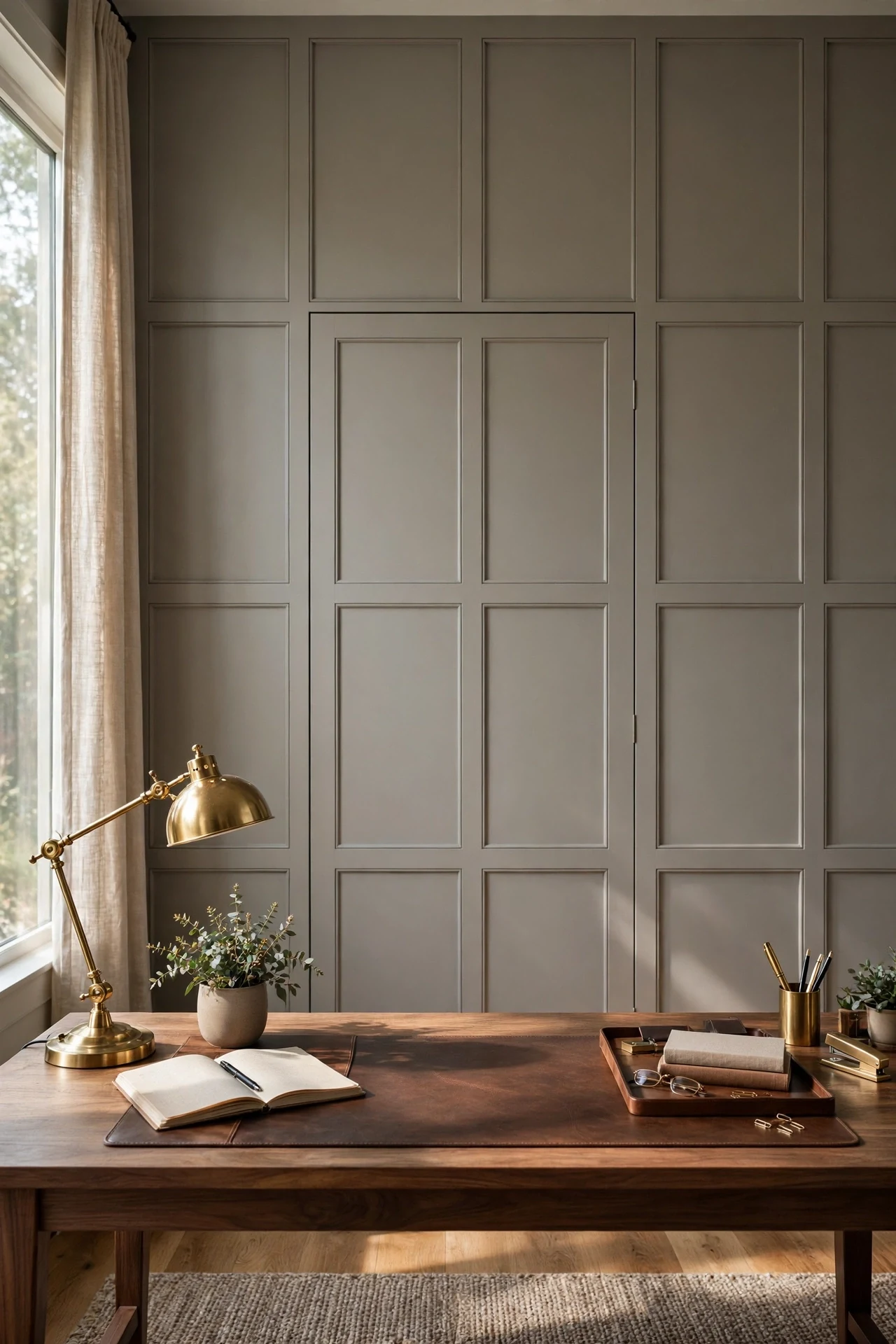 Floor-to-Ceiling Panels Hiding a Door in a Home Office