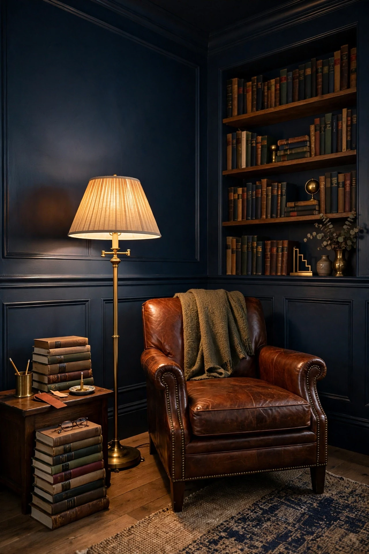 Inky Navy Panels in a Library Corner
