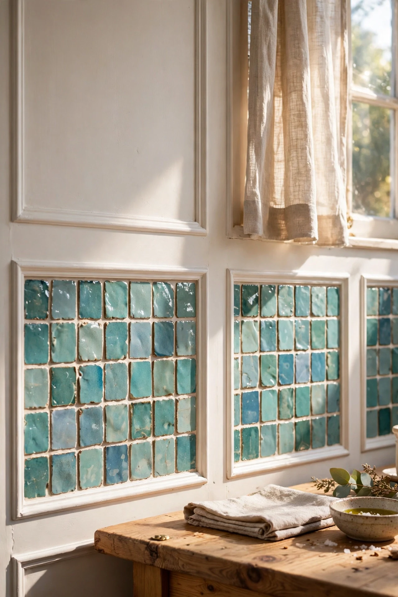 Ceramic Tiles Set Into Kitchen Panels Below the Rail