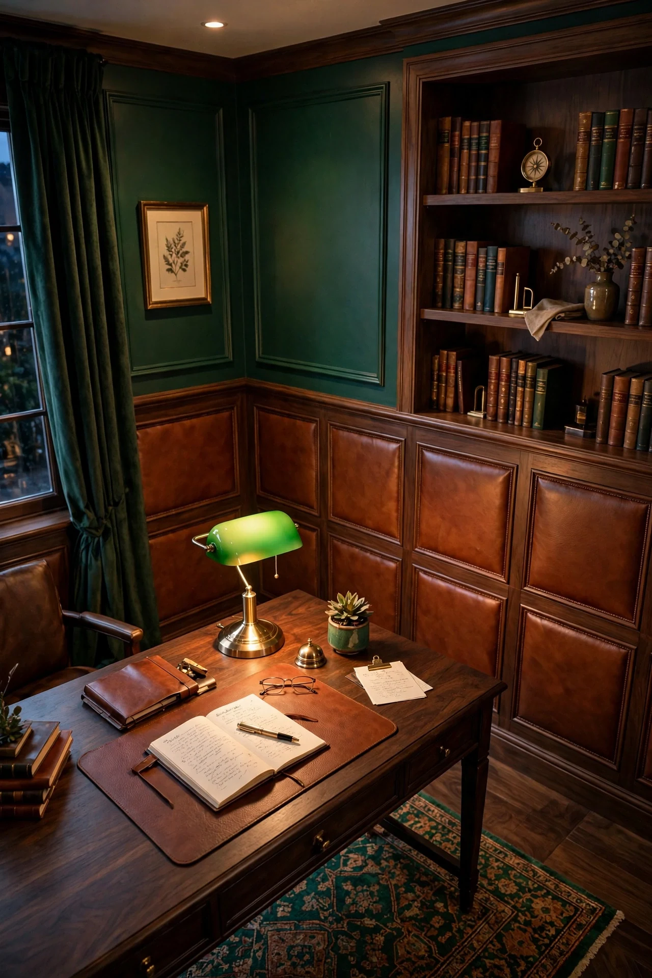 Leather-Wrapped Panels in a Sophisticated Study