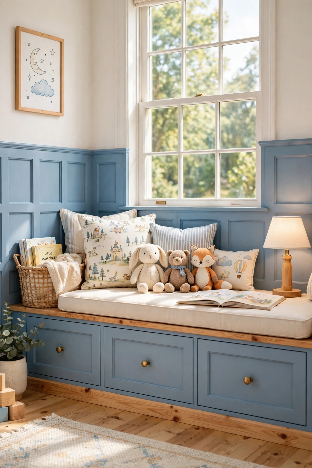 A Window Seat Framed by Panels in a Child's Bedroom
