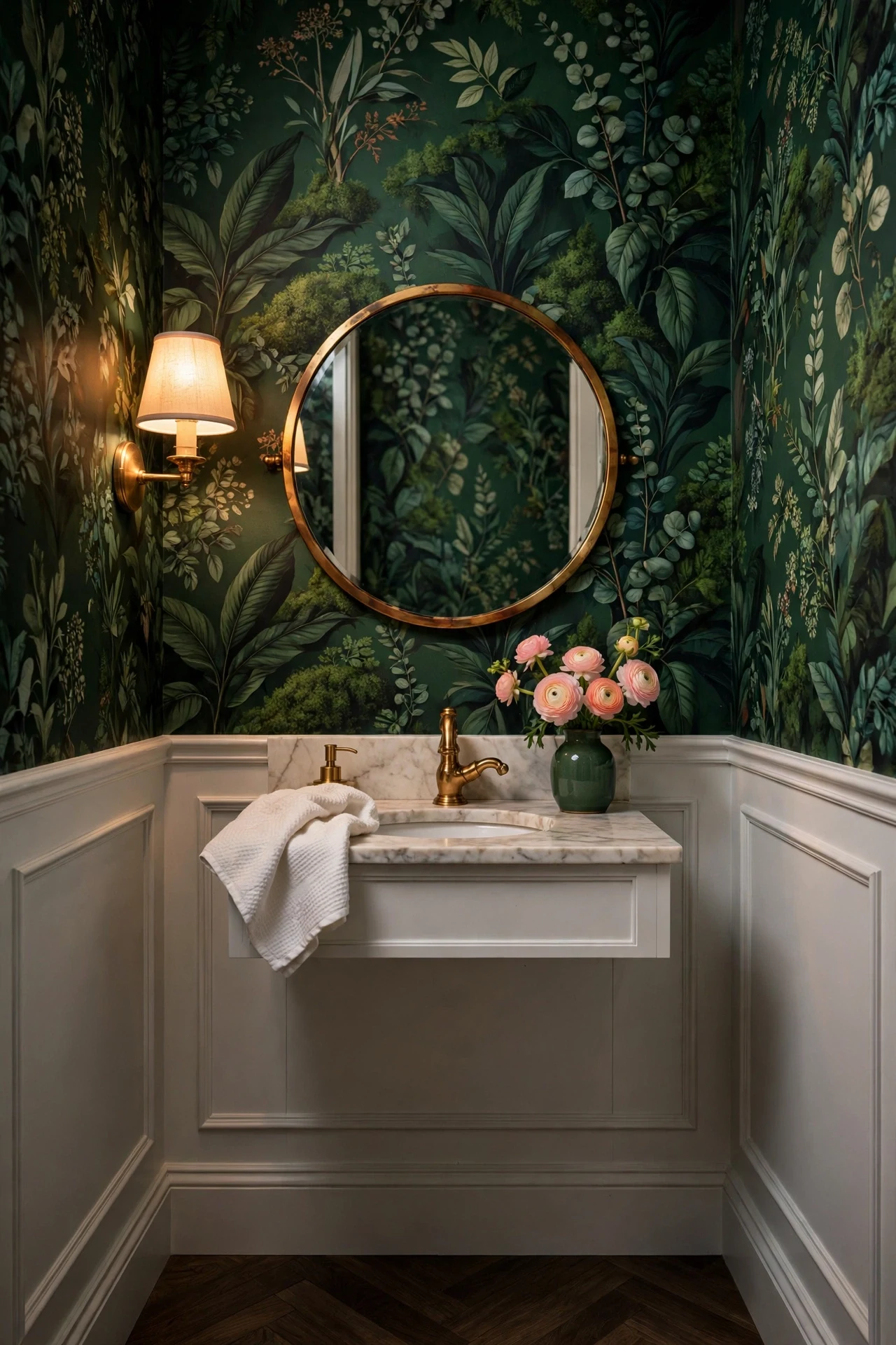 Botanical Wallpaper Above the Rail in a Powder Room