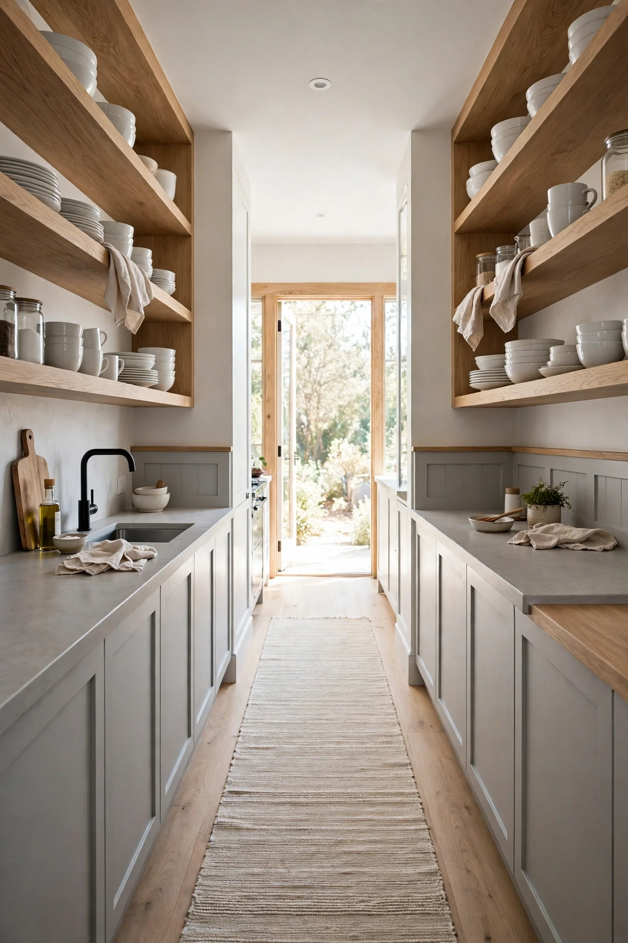 Flat Panel Wainscoting in a Galley Kitchen With Open Shelves