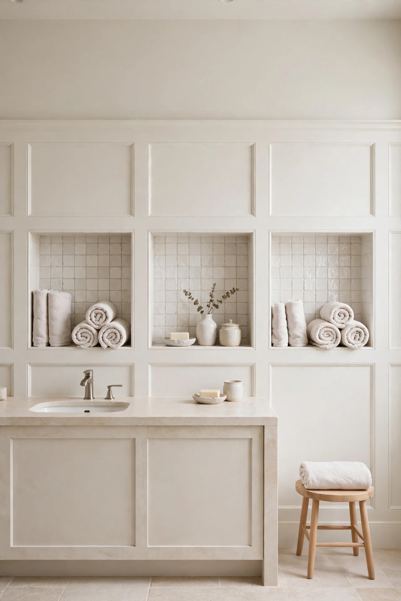 Recessed Niches Between Panels in a Primary Bathroom
