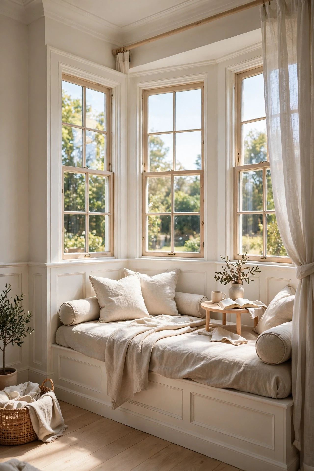 Flat Panel Wainscoting Framing a Daybed in a Bay Window