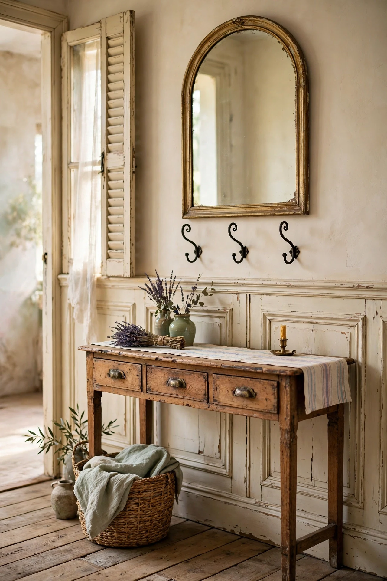 Distressed cream French country wainscoting in a welcoming entryway with oak console and lavender