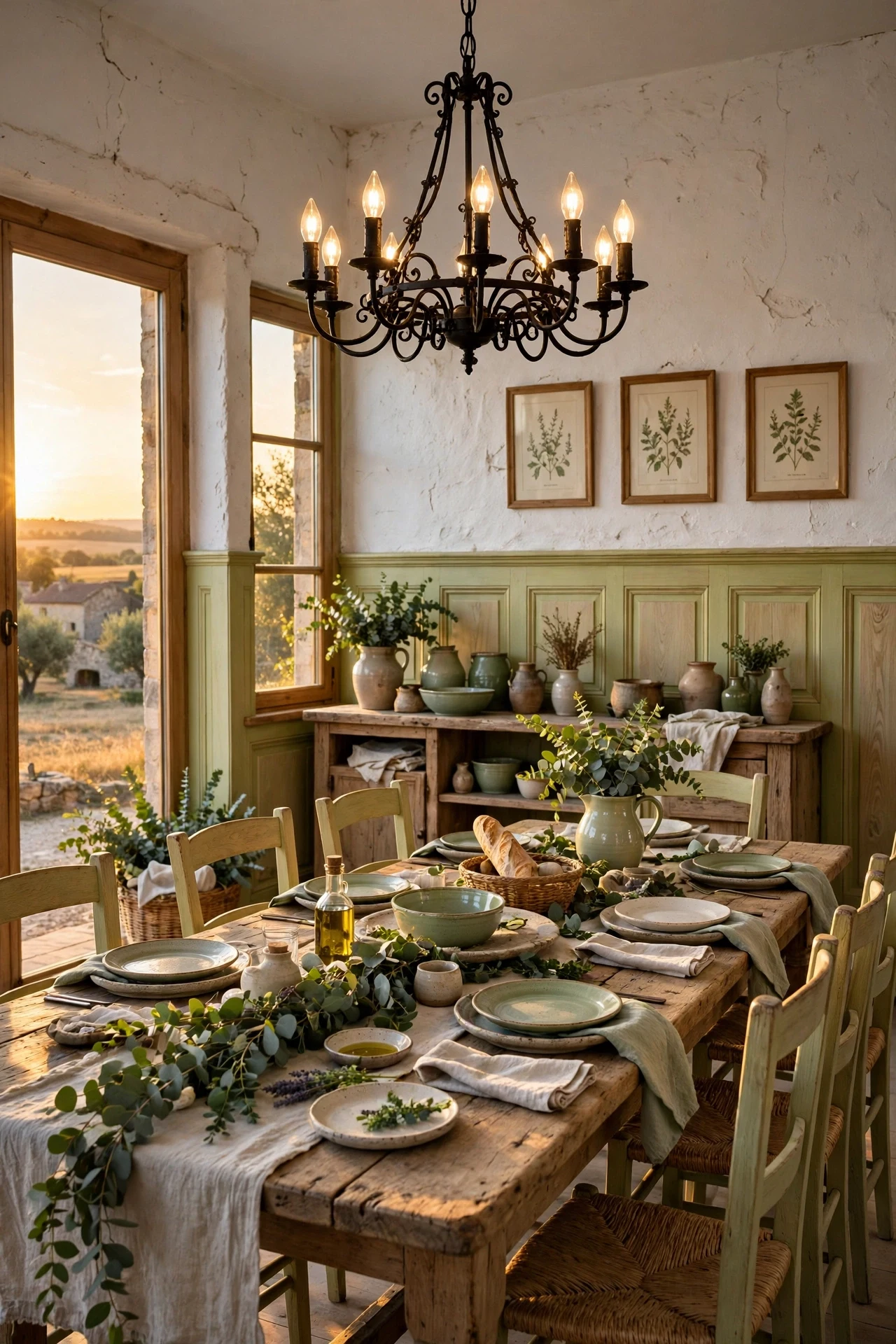 Limewashed oak French country wainscoting in a provincial dining room with farmhouse table