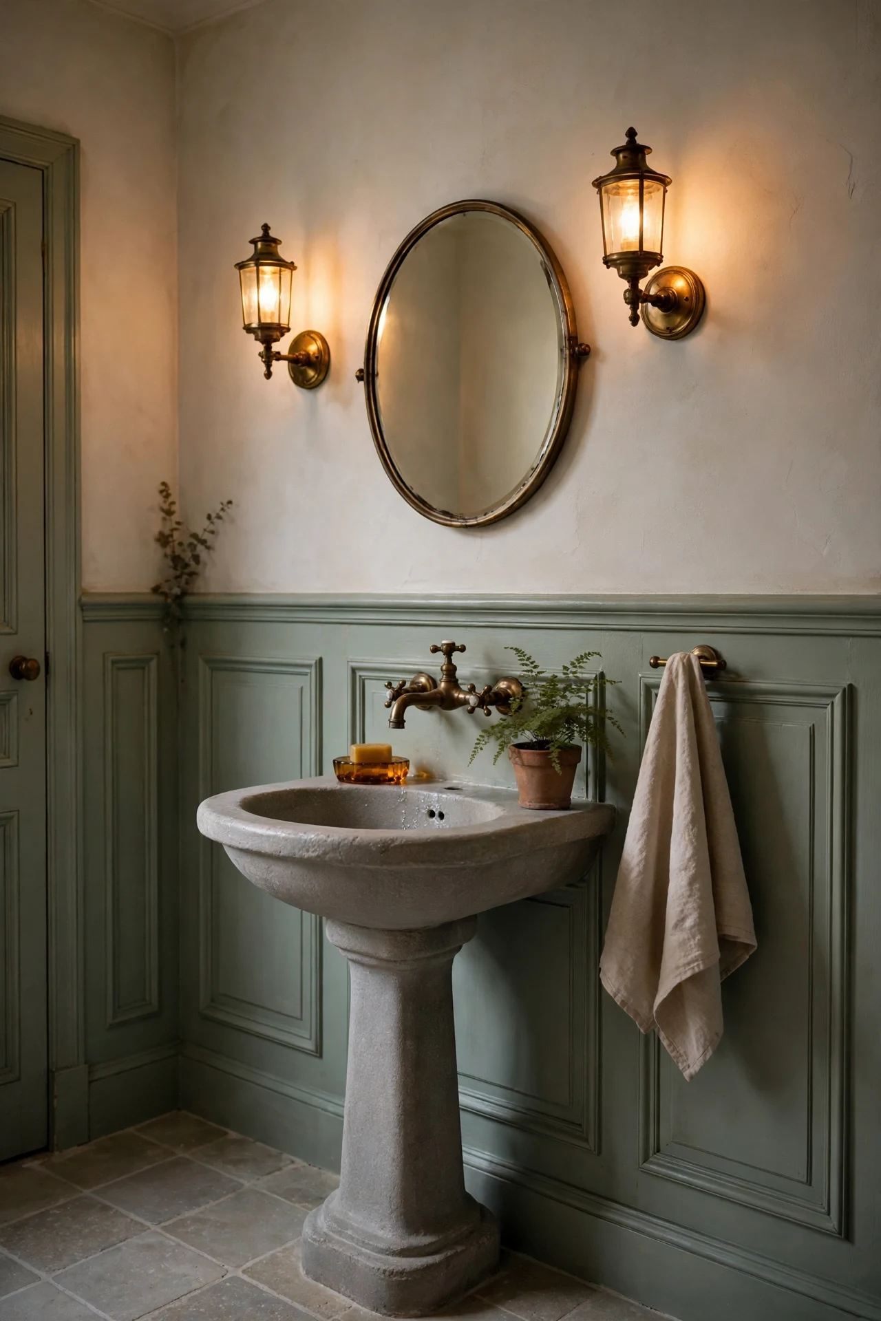 Sage French country wainscoting in a powder room with antique brass sconces and stone sink