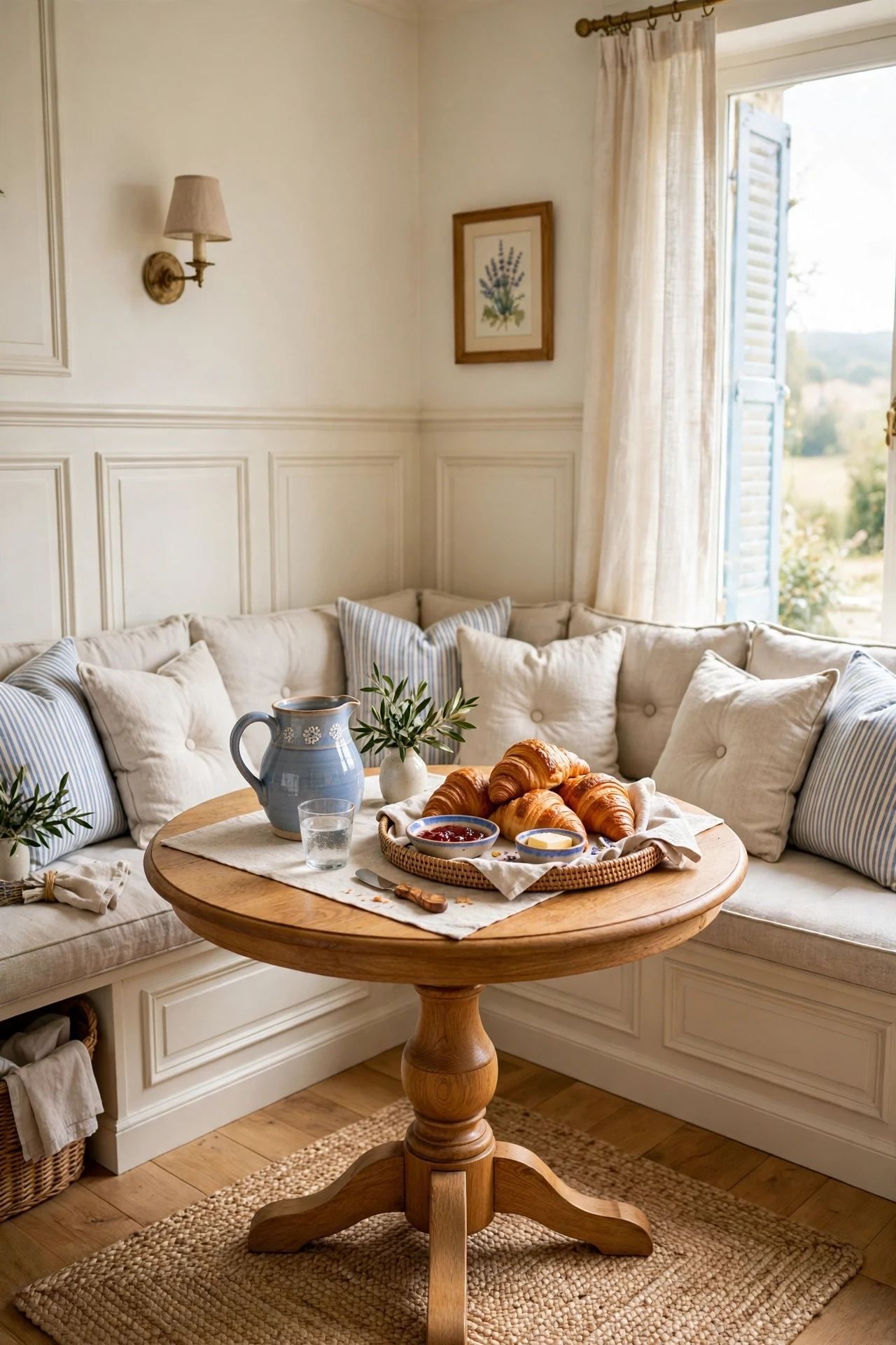 Ivory French country wainscoting behind a built-in banquette in a bright breakfast nook