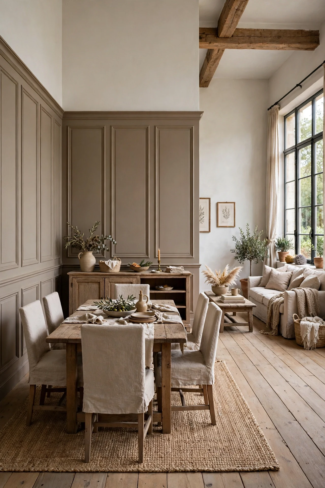 Taupe French country wainscoting zoning the dining area of an open-plan living space
