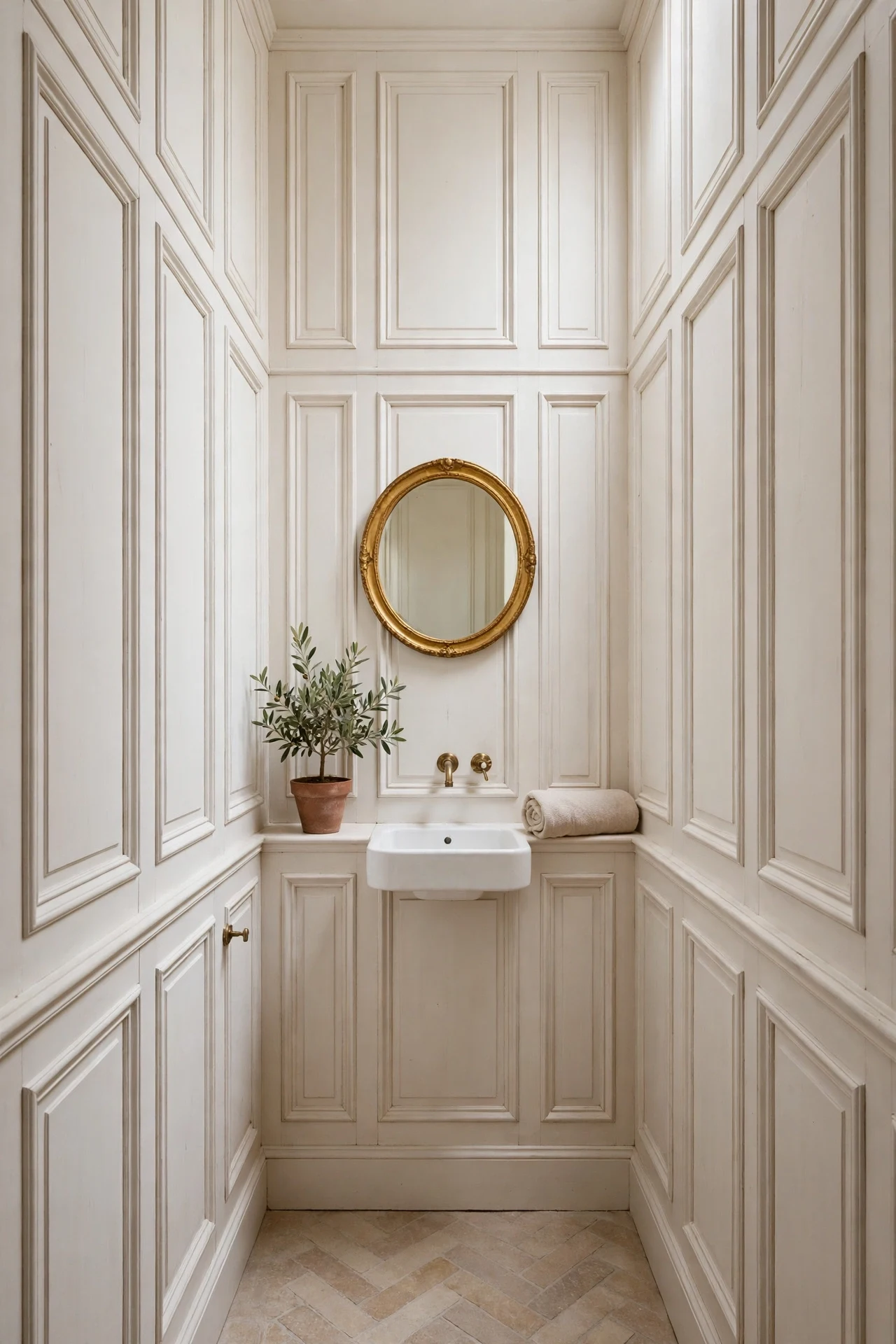 Tall pale French country wainscoting stretching a tiny powder room with gilt mirror