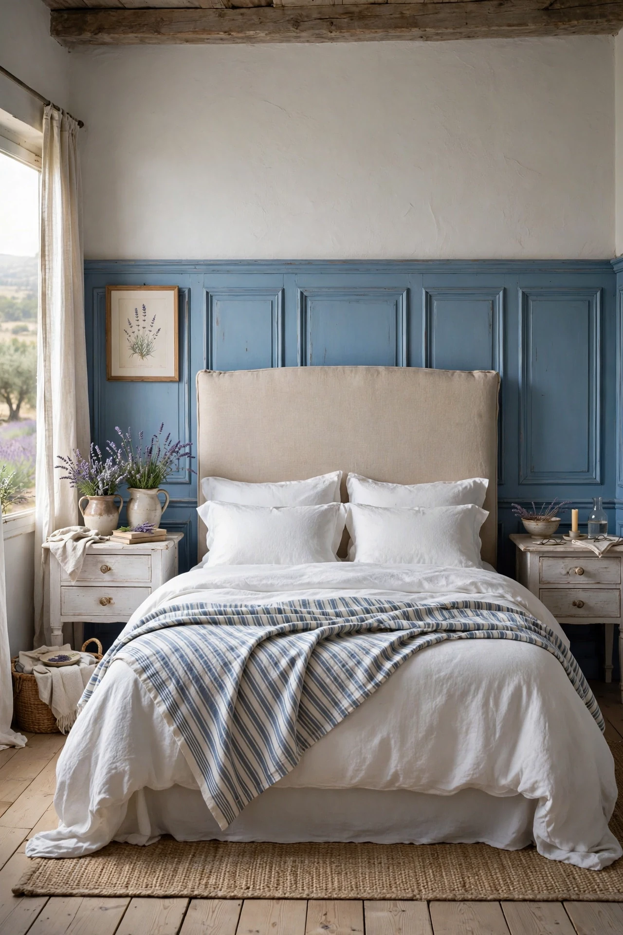 Provence blue French country wainscoting behind a linen headboard in a serene bedroom