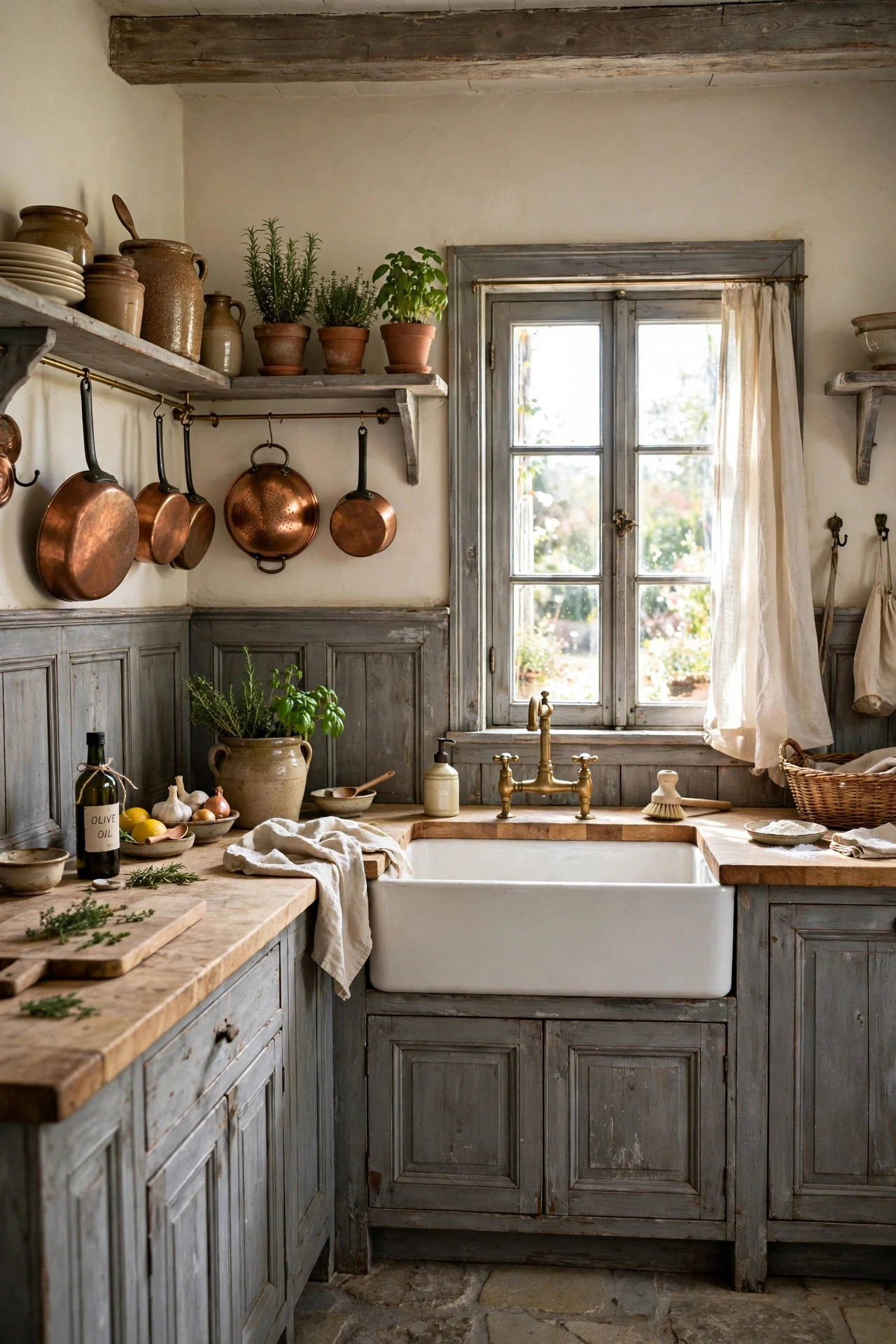Weathered pine French country wainscoting in a farmhouse kitchen with copper pans
