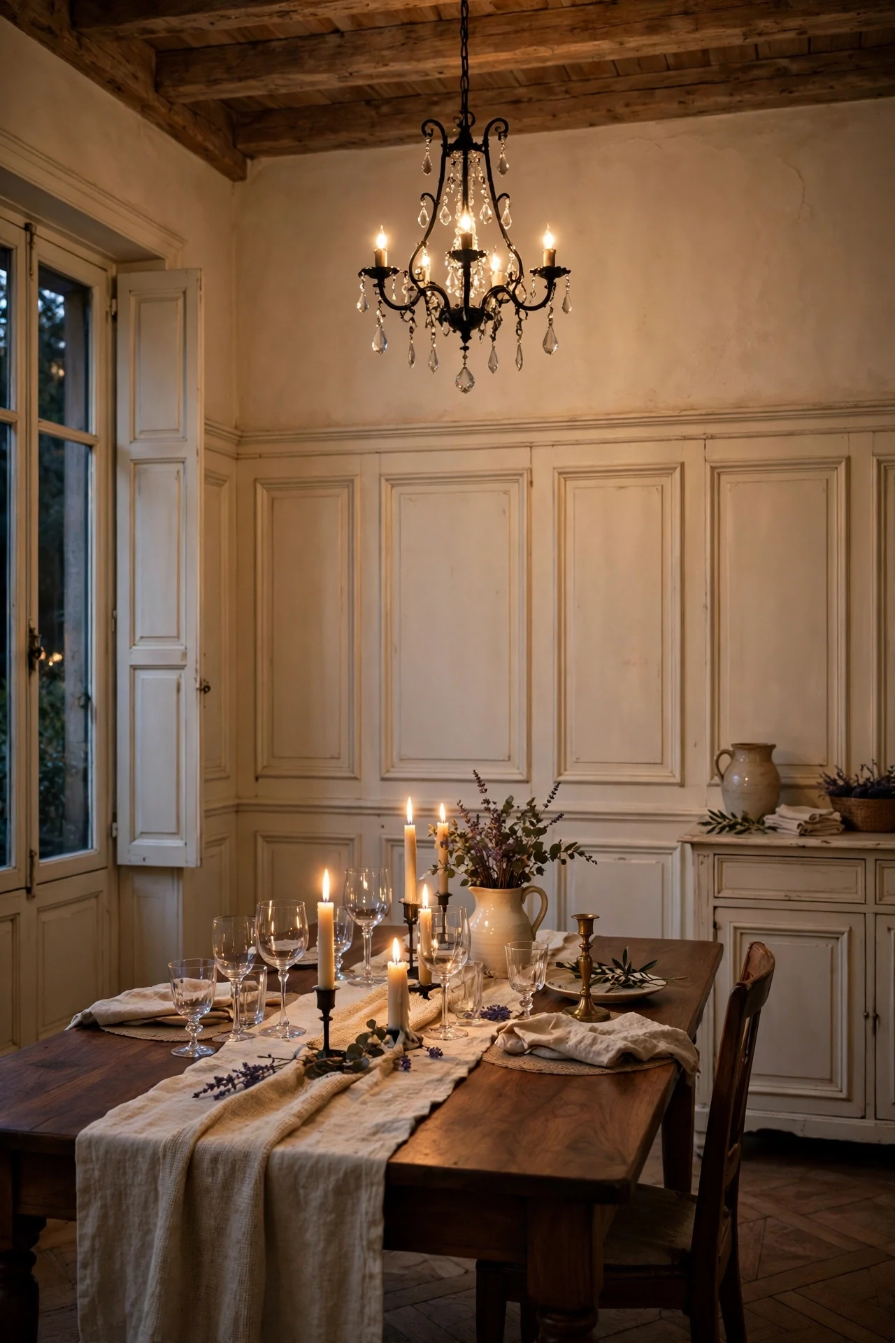 Ivory French country wainscoting in a dining room lit by a crystal chandelier