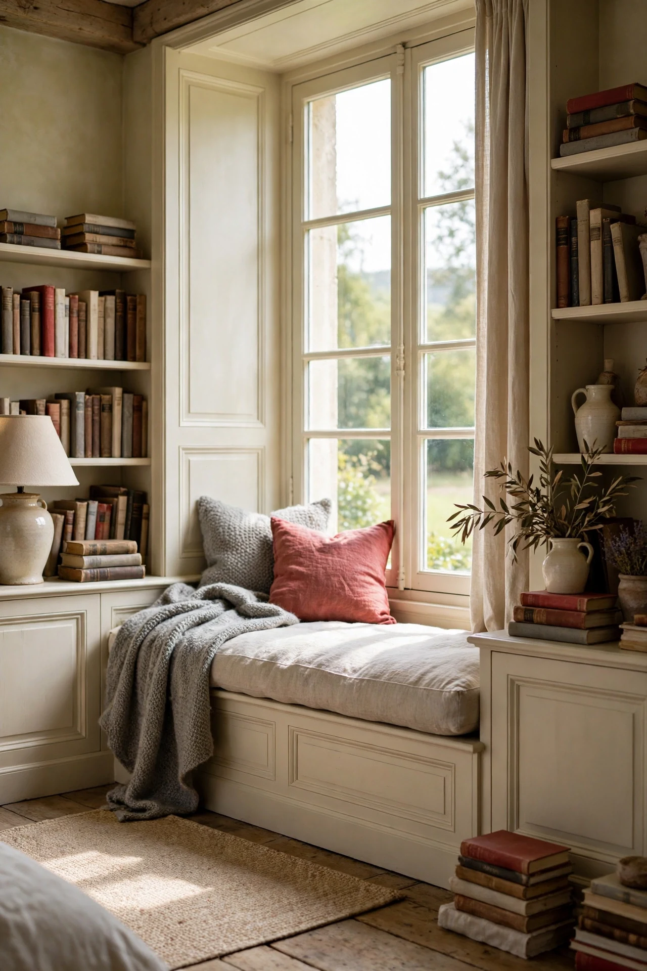 Cream French country wainscoting framing a window seat in a reading bedroom