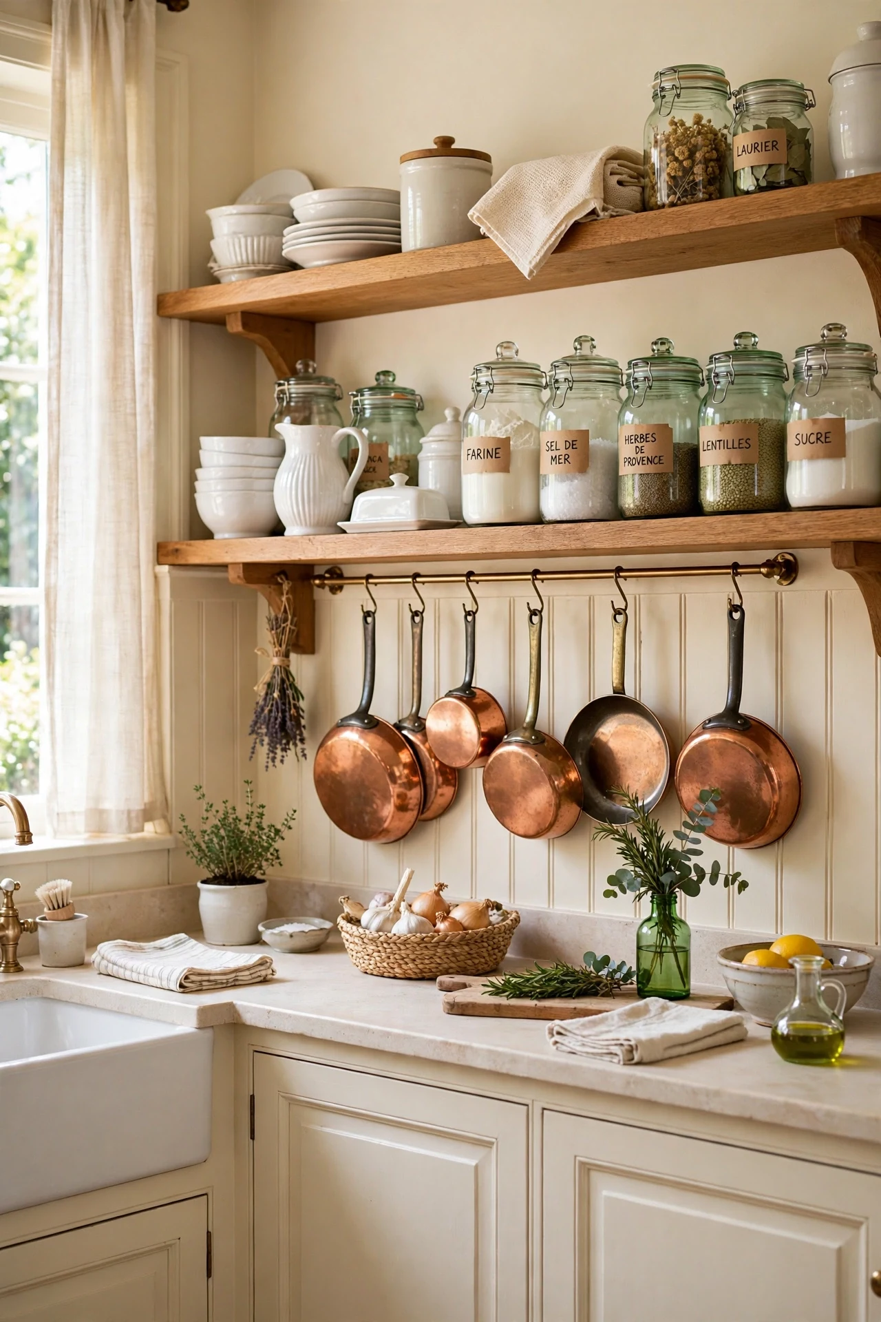 Cream French country wainscoting below open shelves with copper pans in a kitchen