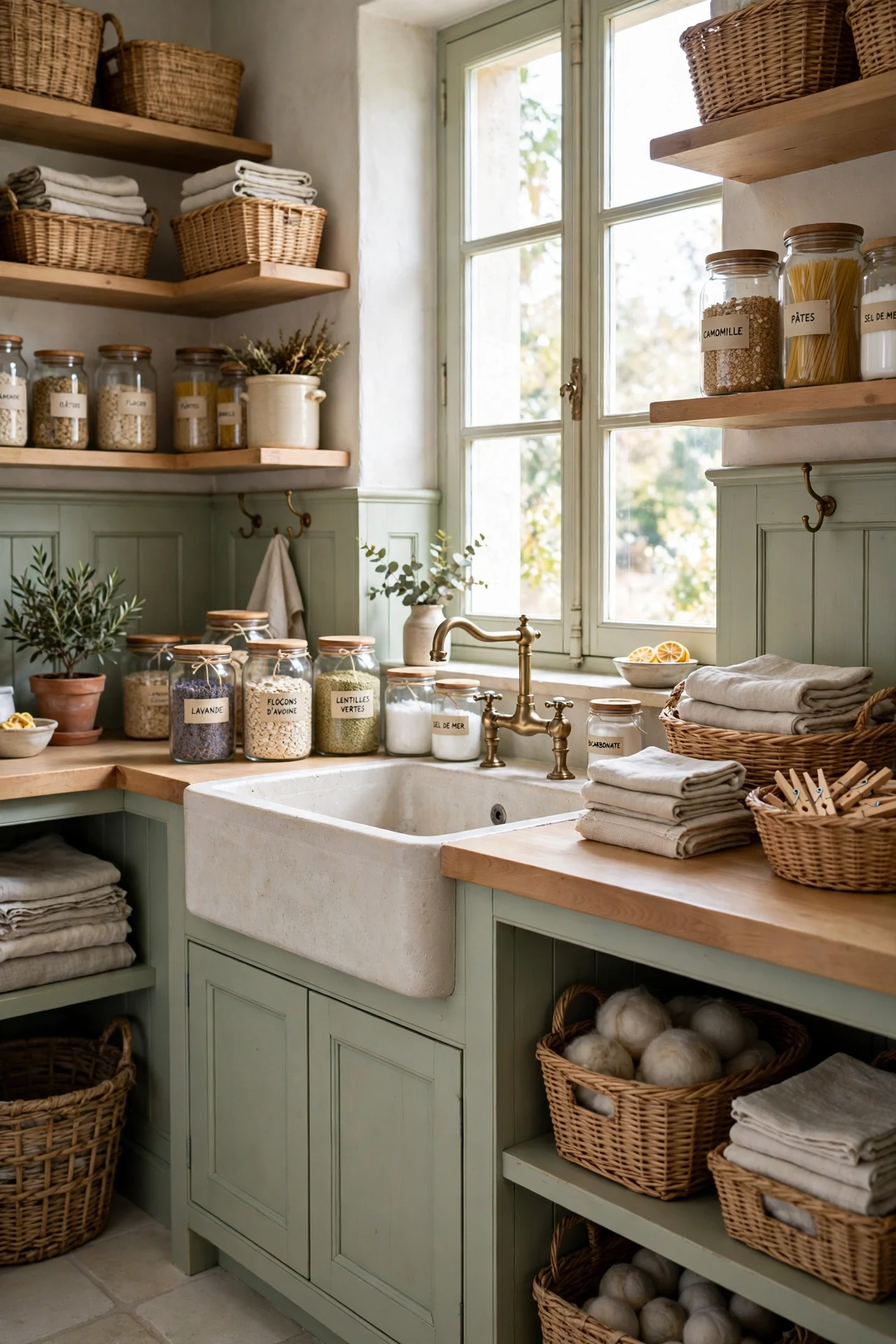 Soft sage French country wainscoting in a sunlit laundry room with stone sink and baskets