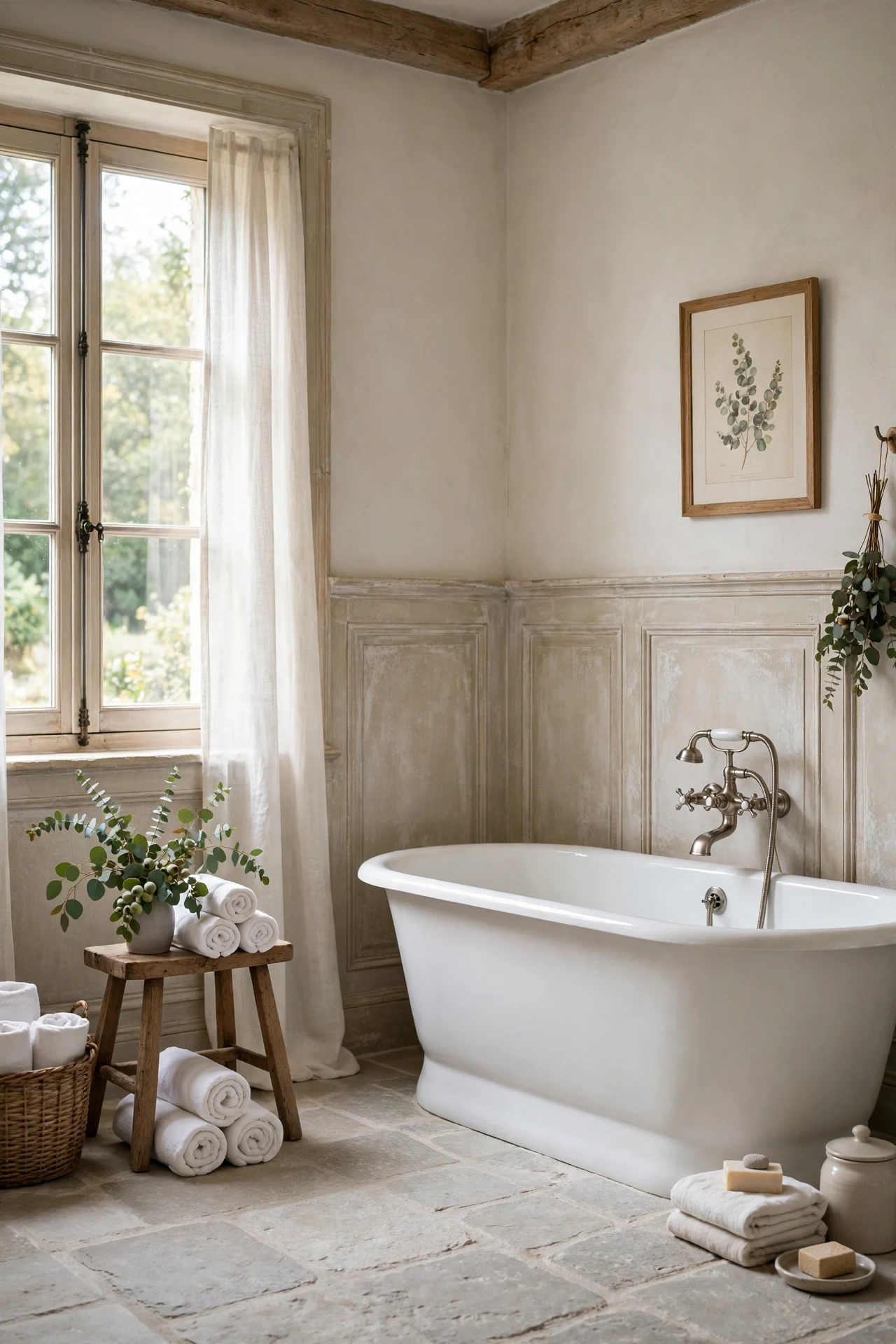 Limestone-washed French country wainscoting in a calm bathroom with freestanding tub