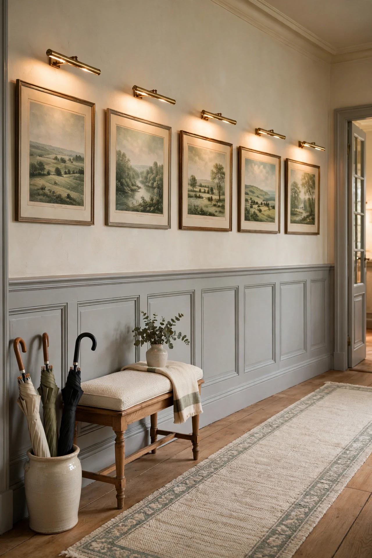 Dove grey French country wainscoting in a hallway with brass picture lights and framed prints