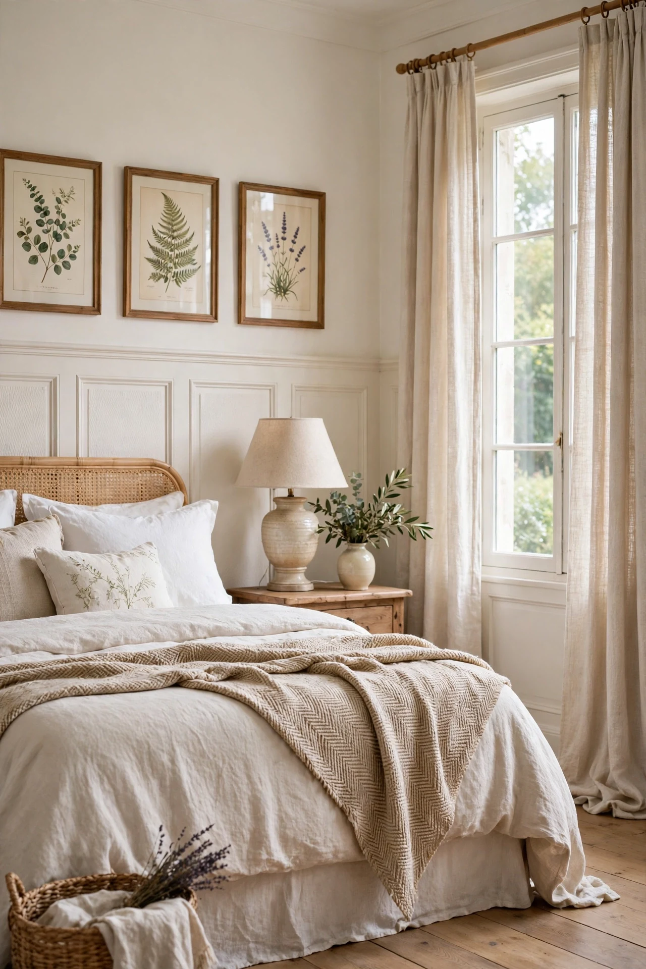 Warm white French country wainscoting with botanical prints and linen curtains in a guest room