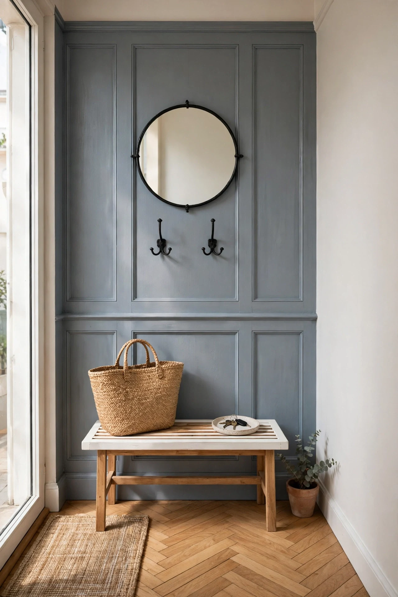 Grey-blue French country wainscoting on a single compact entry wall with hooks and mirror