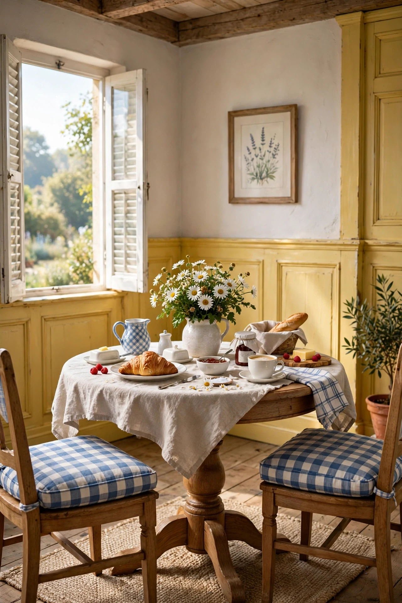 Butter yellow French country wainscoting in a breakfast room with oak table and checked cushions