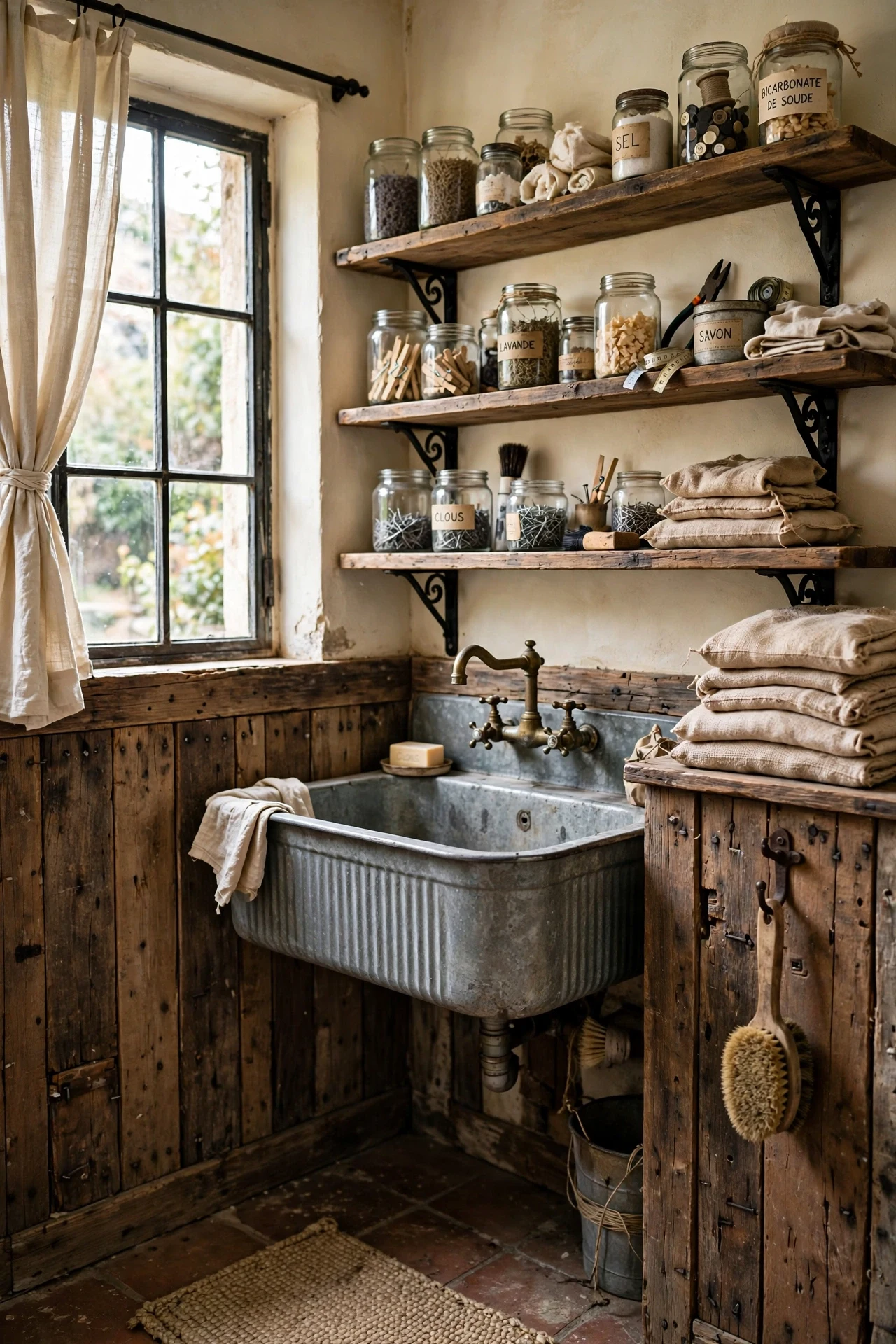 Reclaimed timber French country wainscoting in a utility room with galvanized sink