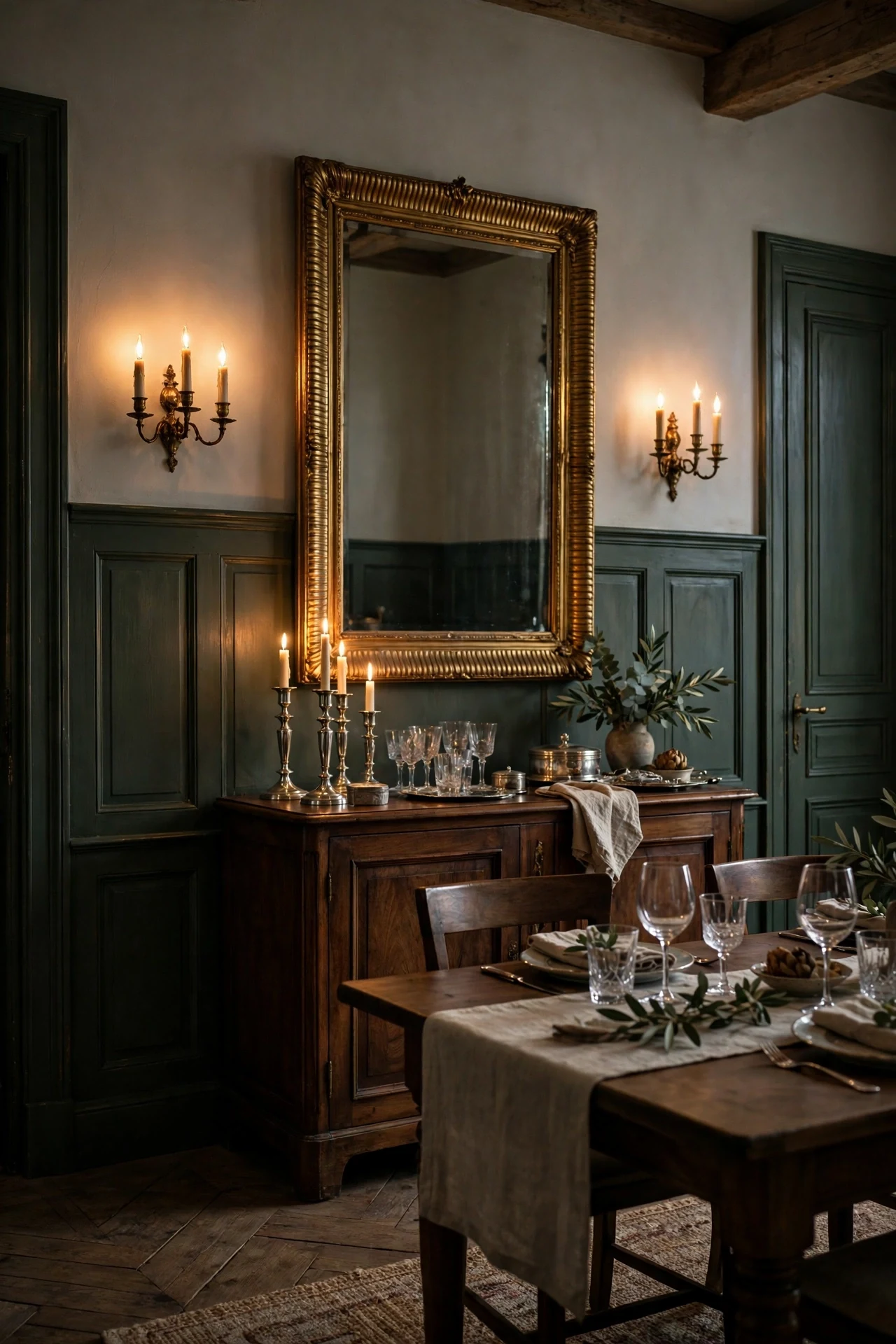 Deep green French country wainscoting with candle sconces and gilt mirror in a dining room