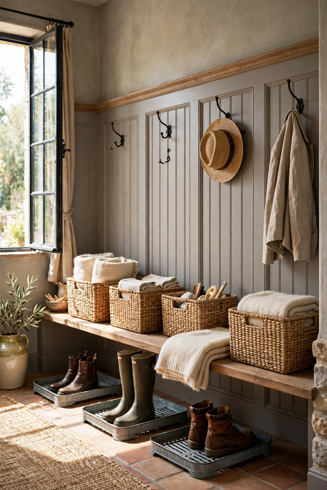 Warm grey French country wainscoting in a mudroom with woven baskets and boot storage