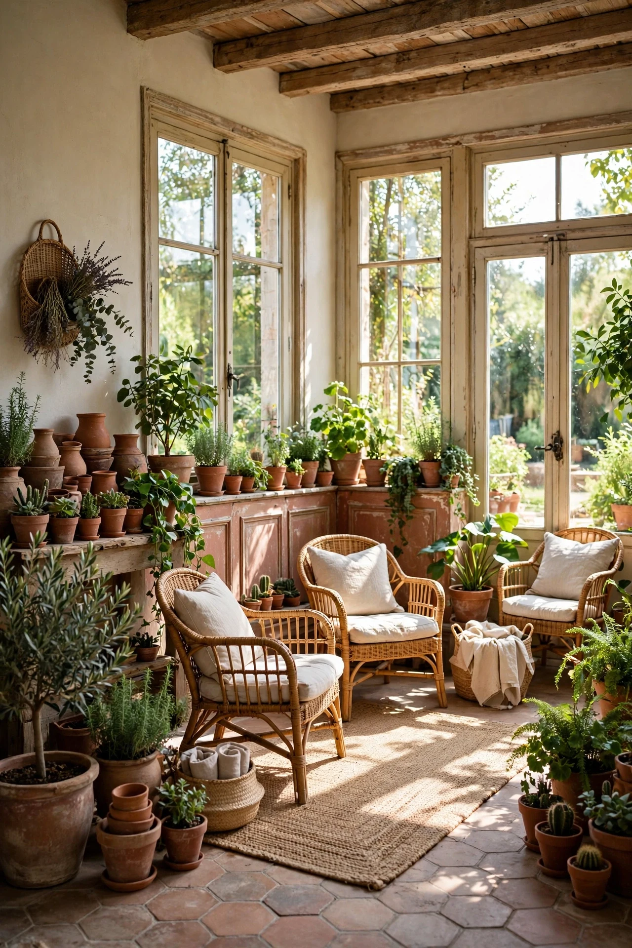 Faded terracotta French country wainscoting in a plant-filled sunroom with rattan chairs