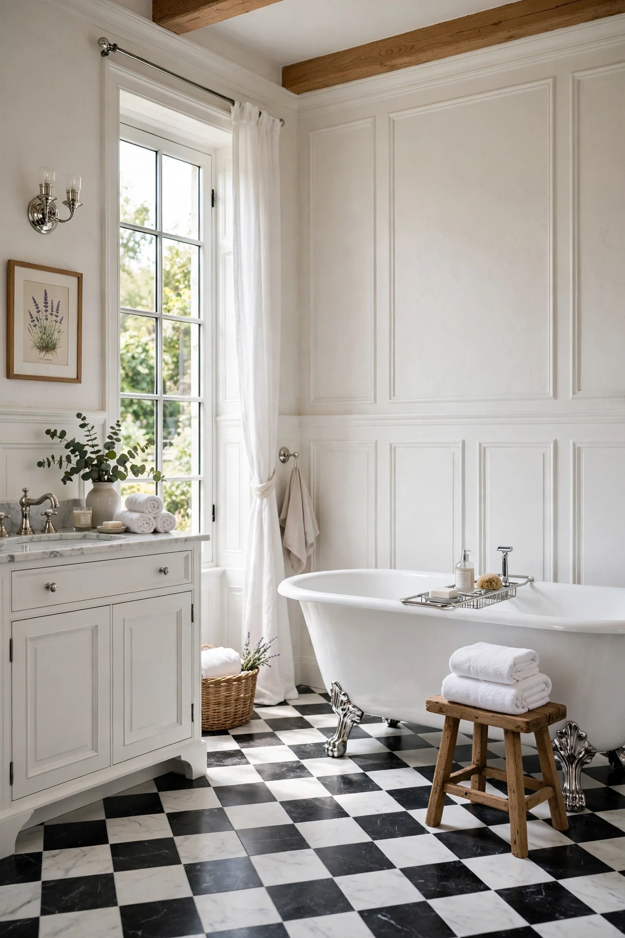 White French country wainscoting with checkerboard marble floor and clawfoot tub in a bathroom