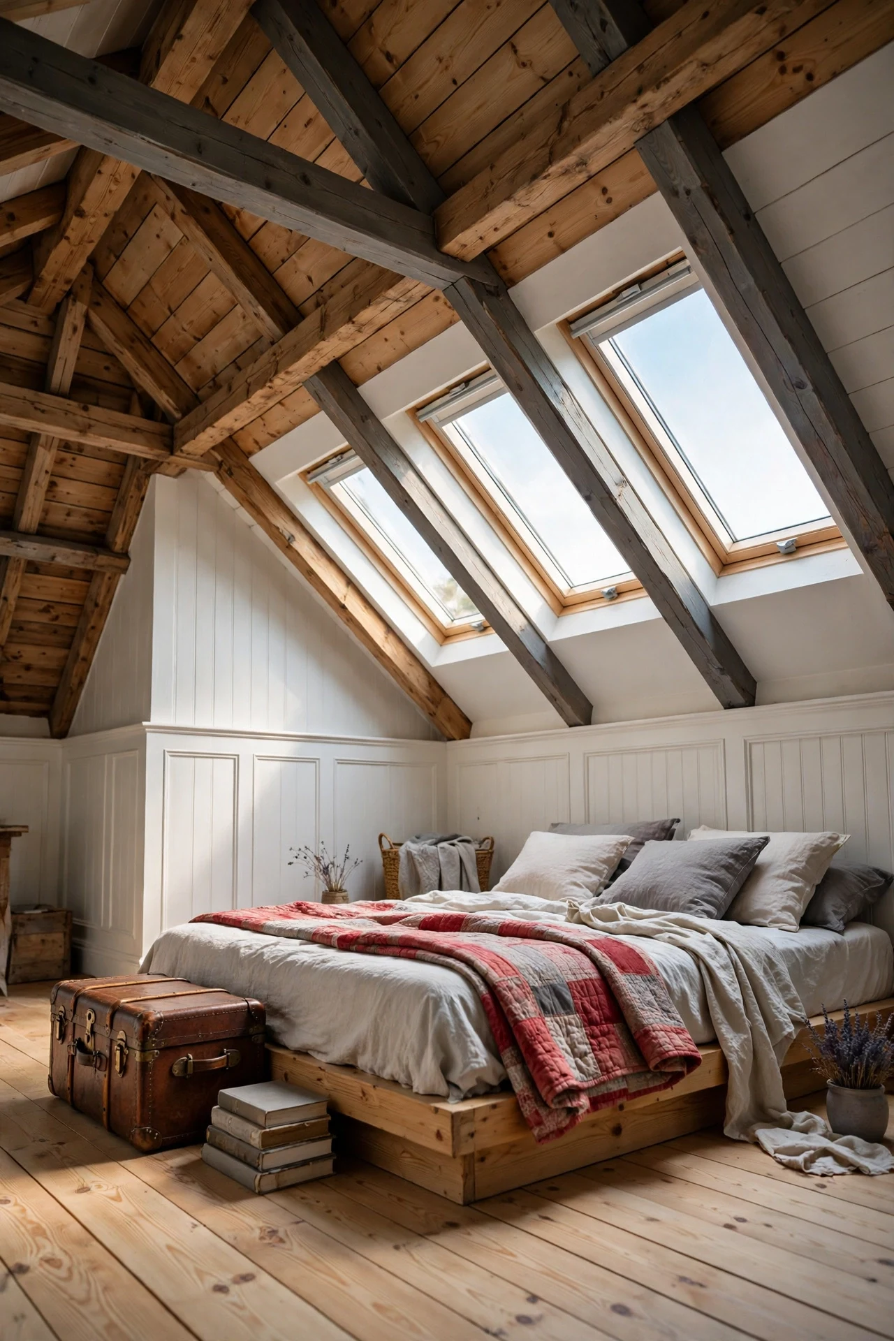 White French country wainscoting on attic knee walls under skylights in a bedroom