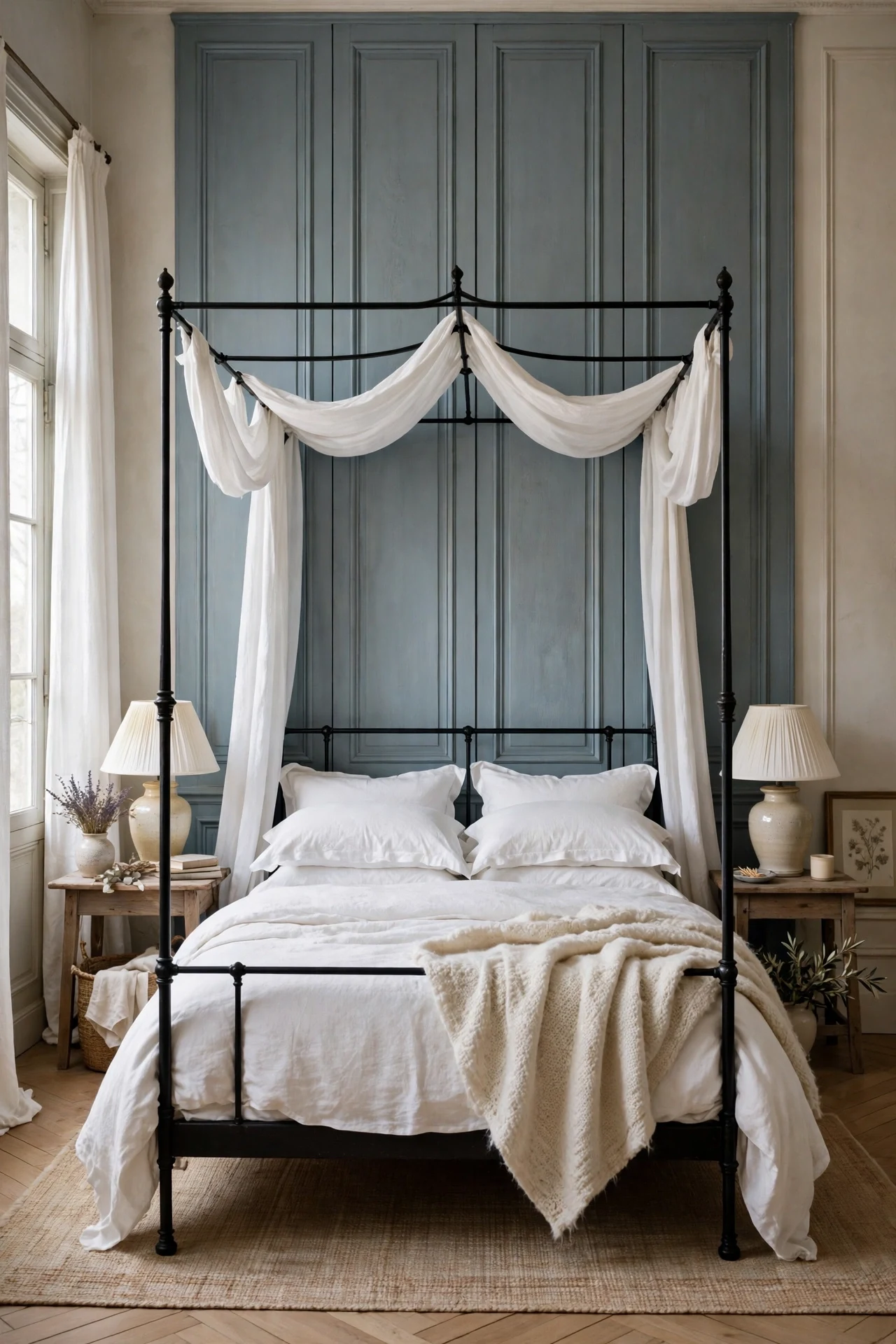 Dusty blue-grey French country wainscoting behind an iron canopy bed in a bedroom