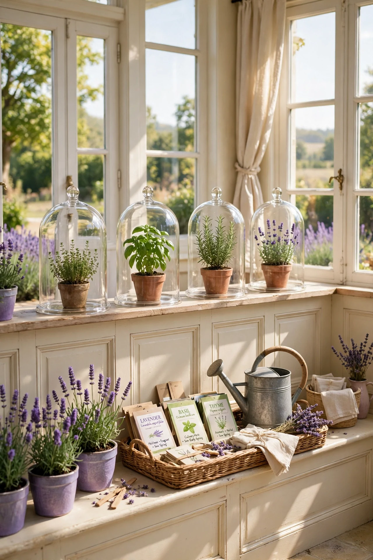 Cream French country wainscoting in a sunroom with glass cloches and lavender on the rail