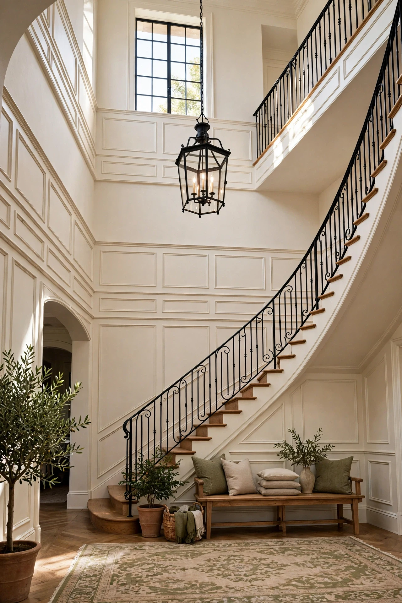 Warm white French country wainscoting in stacked tiers in a double-height foyer