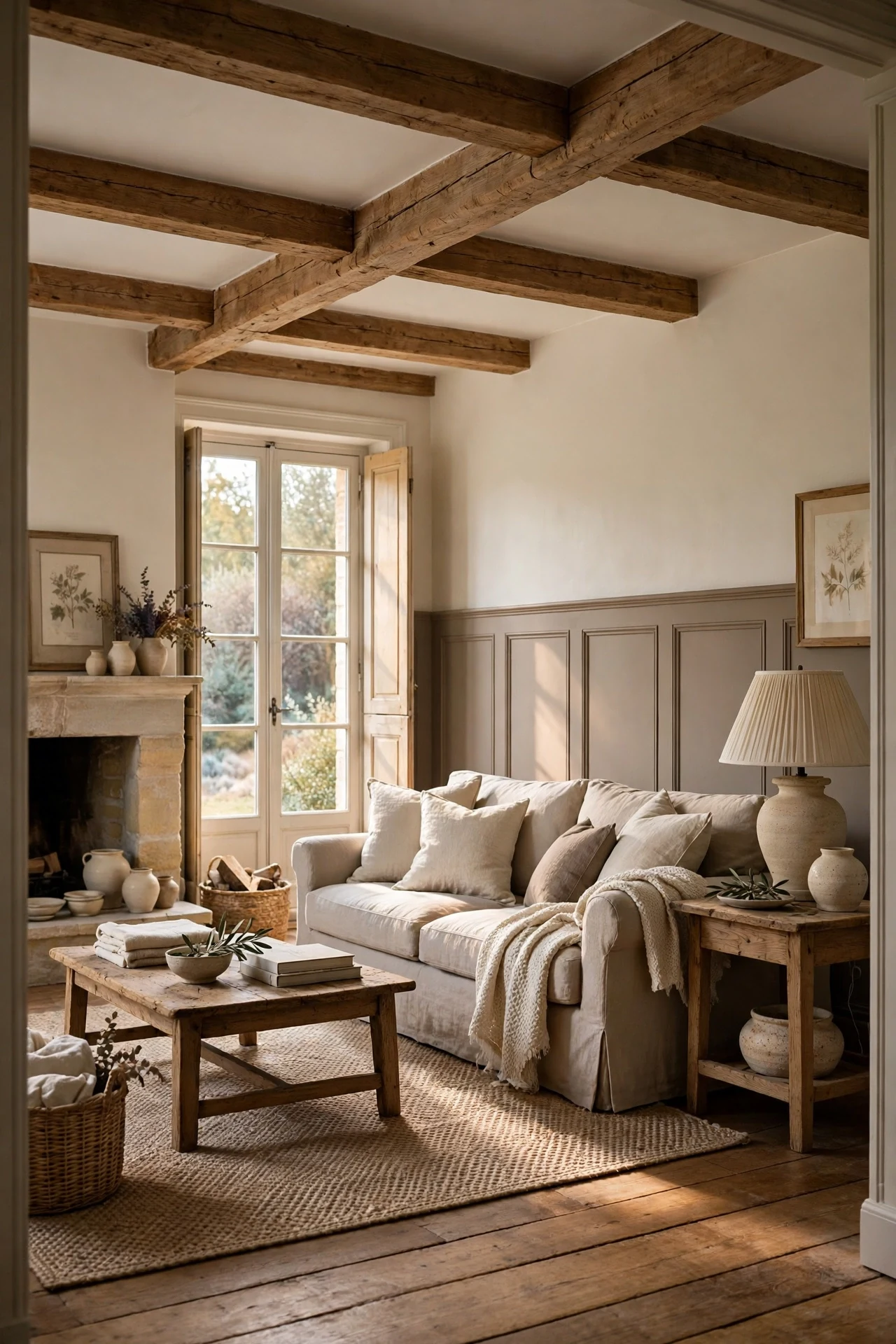 Two-tone ivory and taupe French country wainscoting in a living room with linen sofa