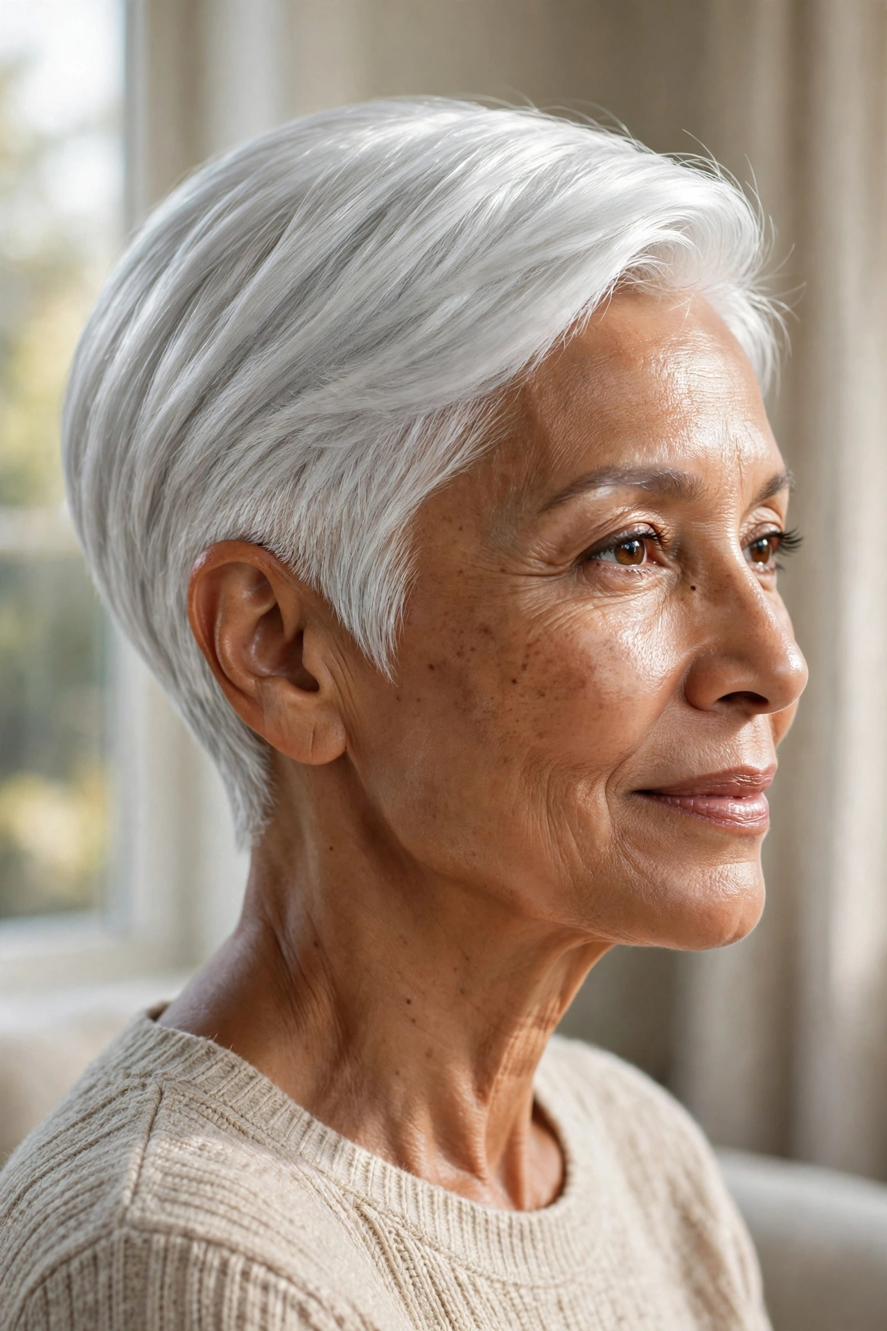 Luminous silver taper pixie cut on mature woman