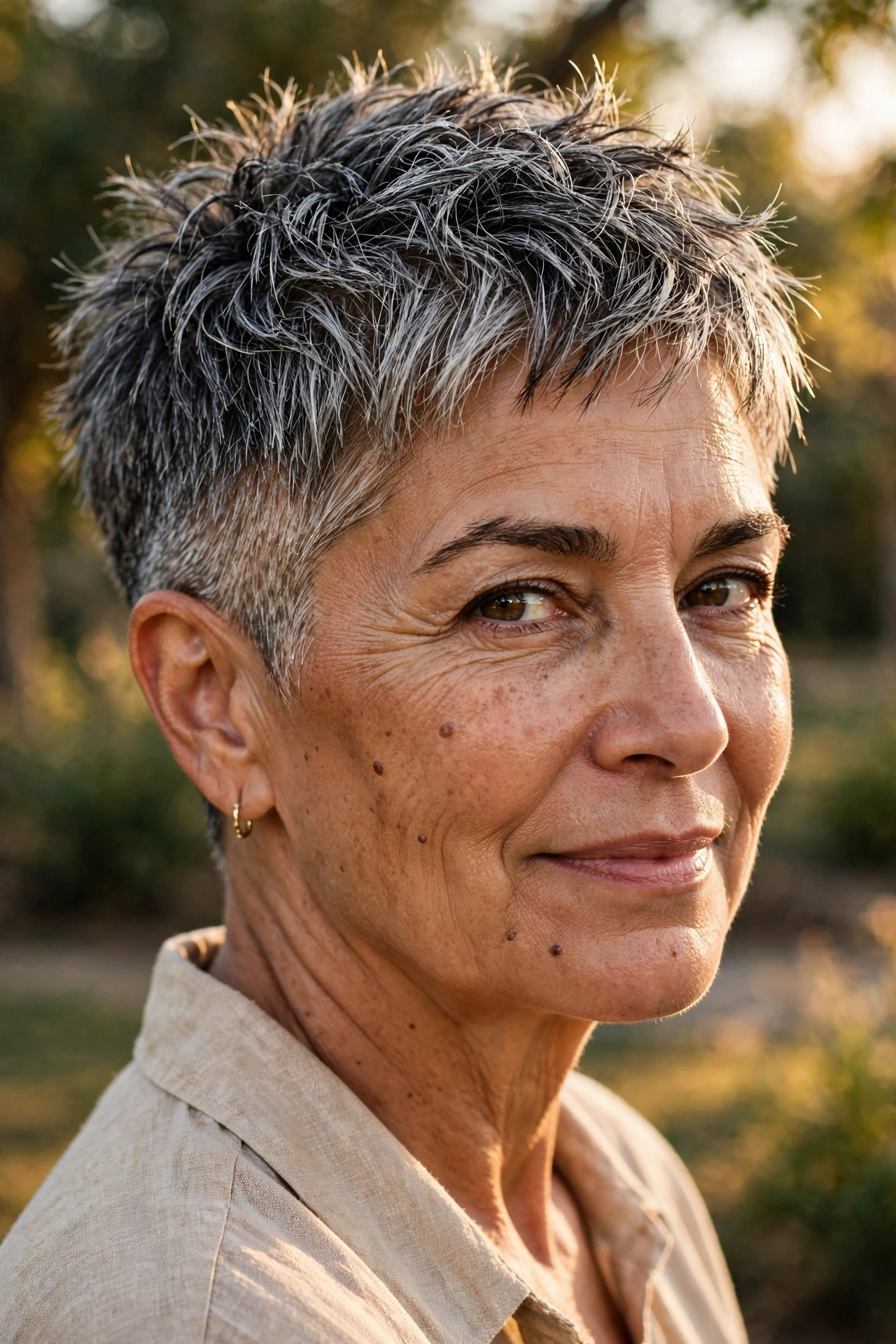 Textured salt-and-pepper pixie crop with point-cut ends