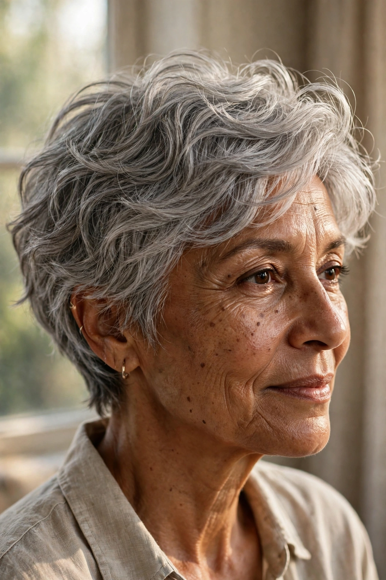 Wavy gray pixie with natural movement