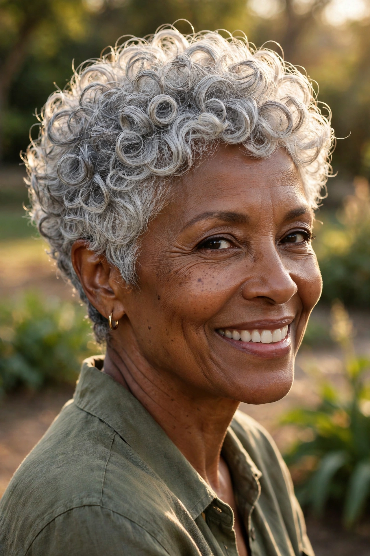 Curly gray pixie crop with natural curls