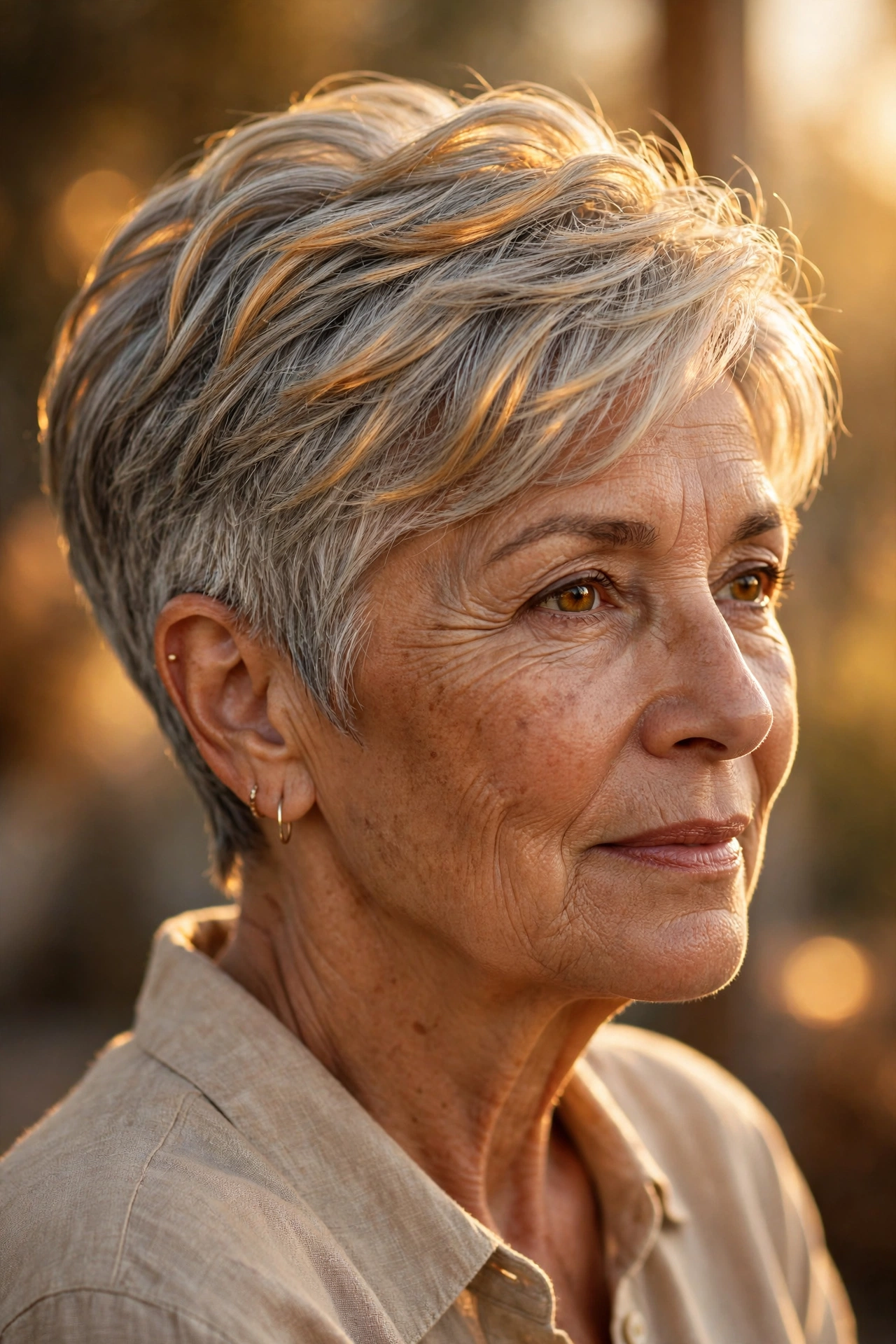 Gray pixie with warm champagne highlights