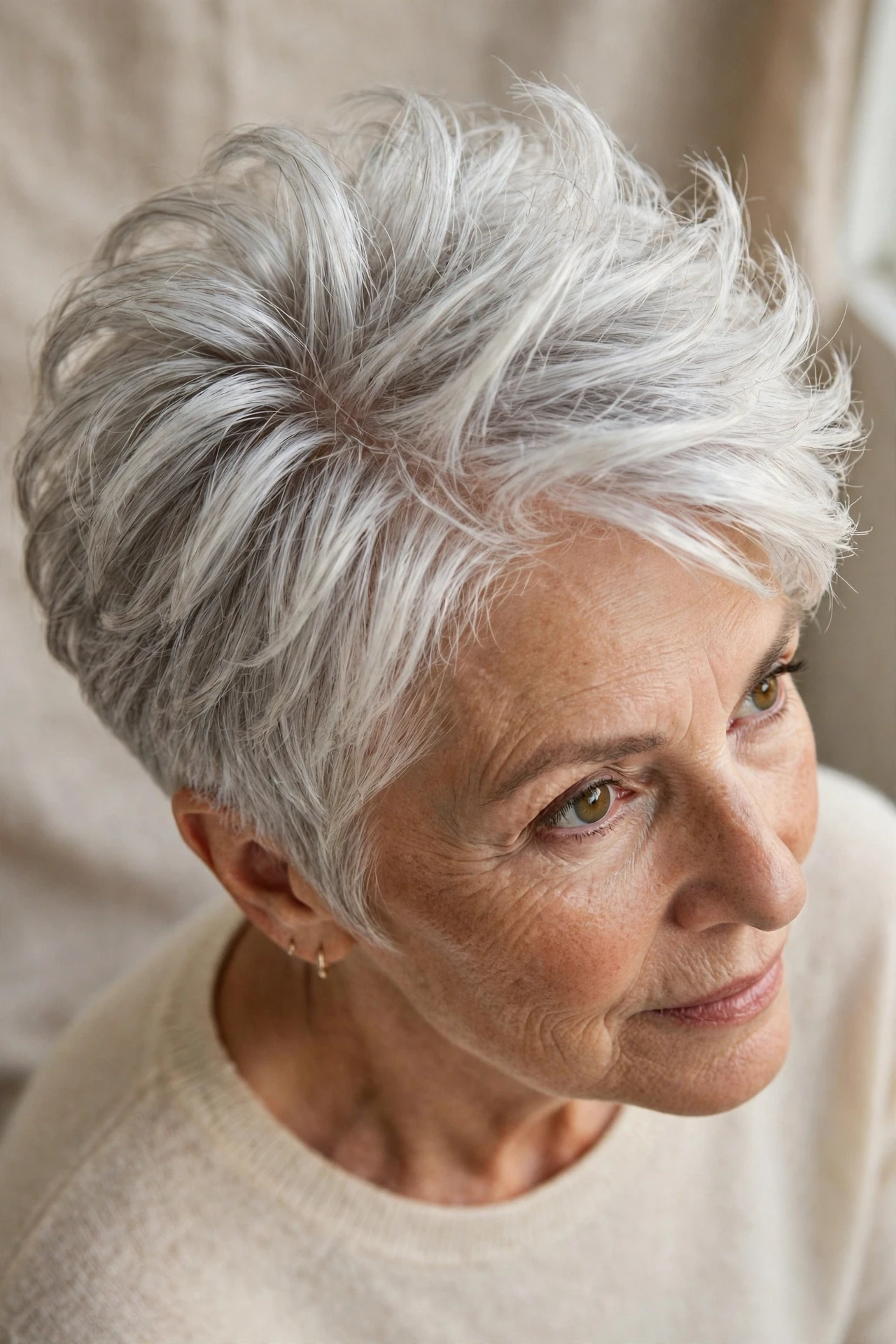 Gray pixie for fine hair with crown volume