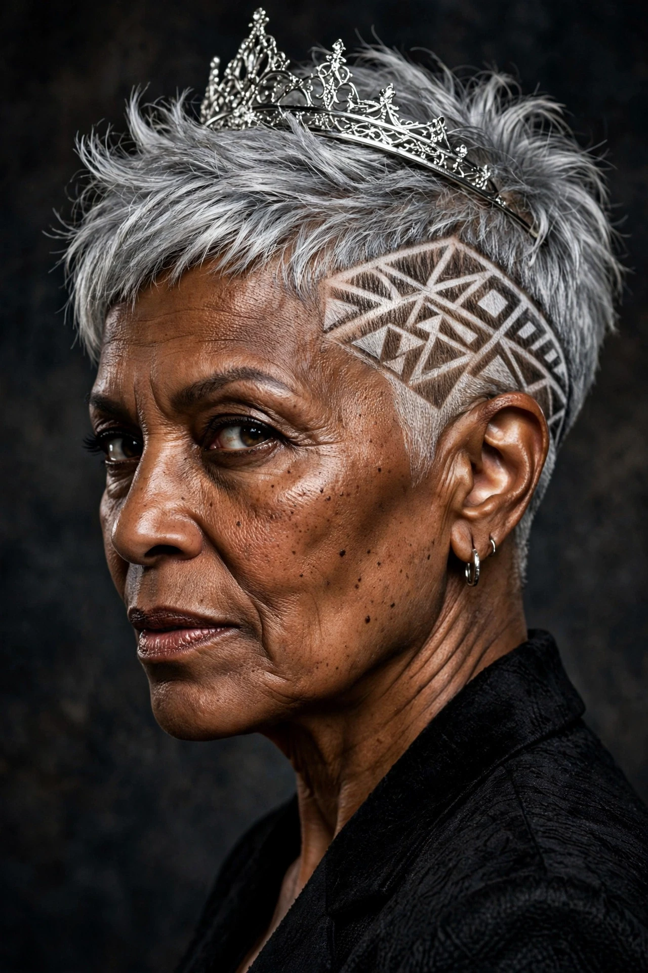 Gray pixie with shaved geometric design